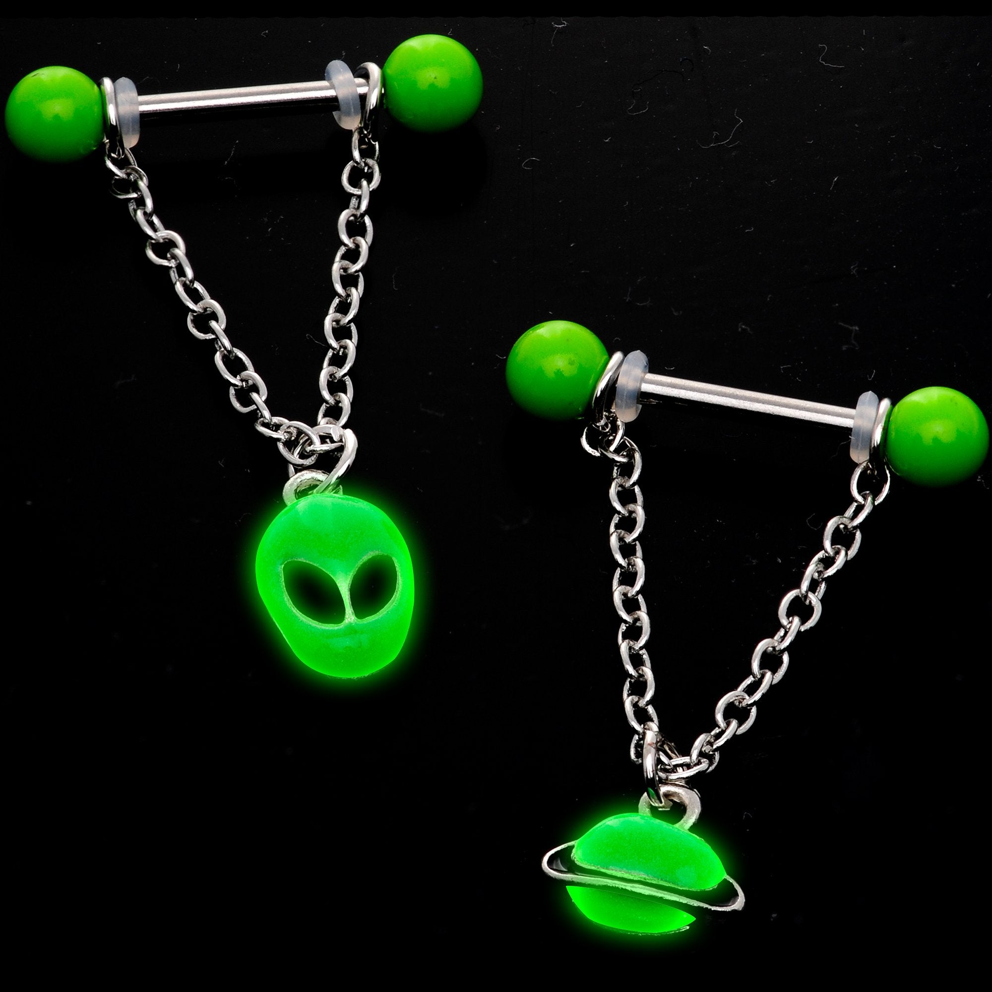 14 Gauge 9/16 Glow Alien Saturn Dangle Barbell Nipple Ring Set