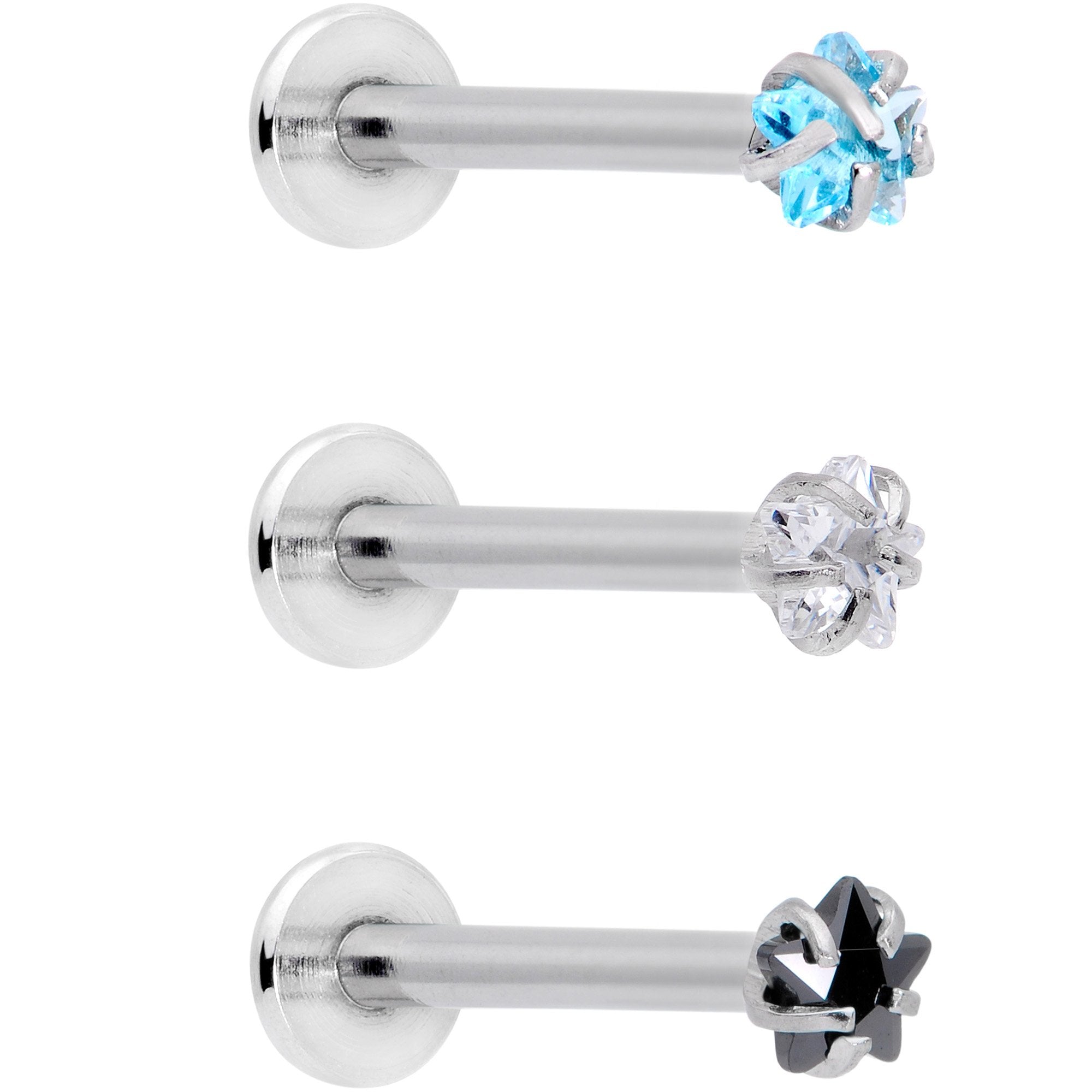 16 Gauge 3/8 Clear Black Blue Star CZ Gem Labret Tragus Set of 3