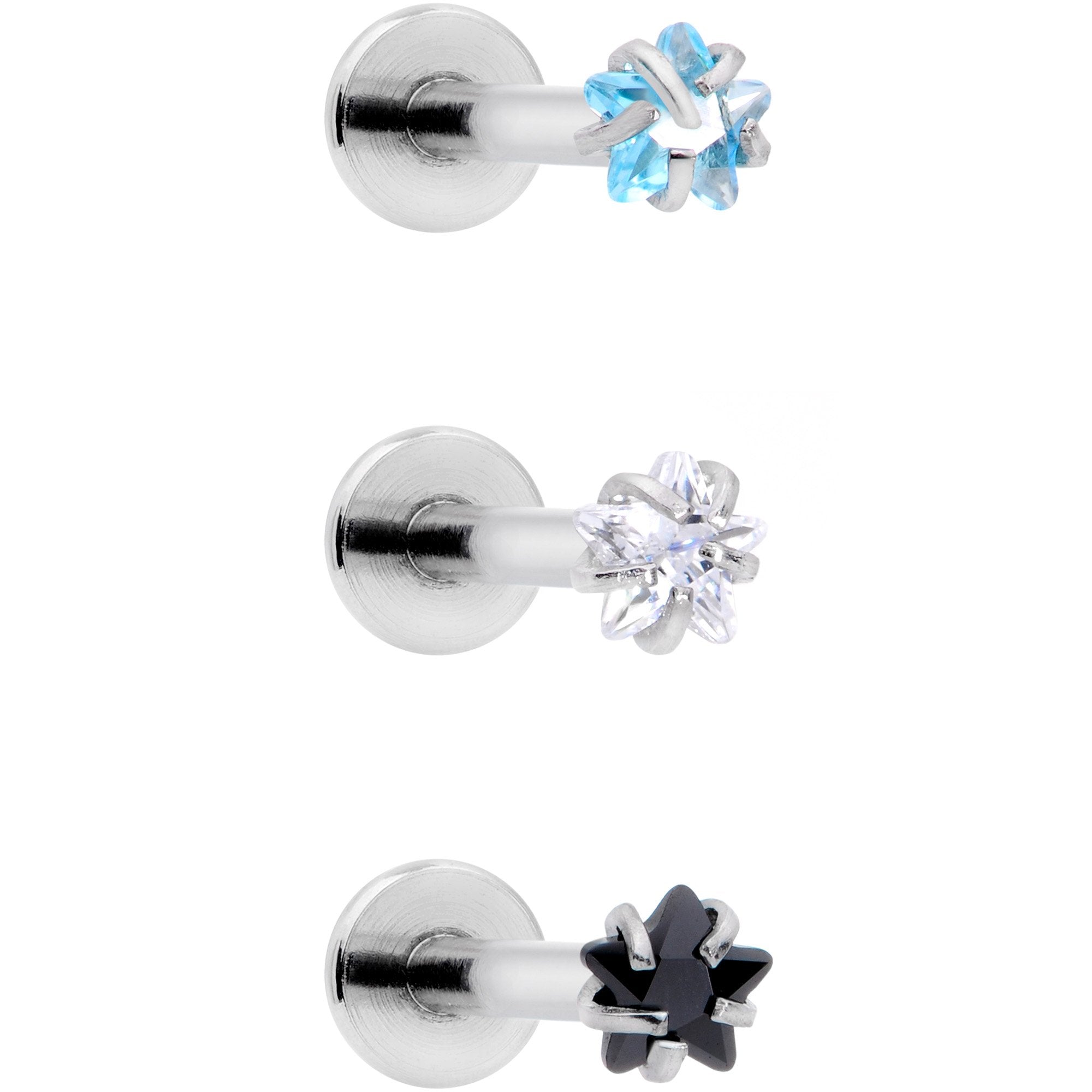 16 Gauge 3/8 Clear Black Blue Star CZ Gem Labret Tragus Set of 3