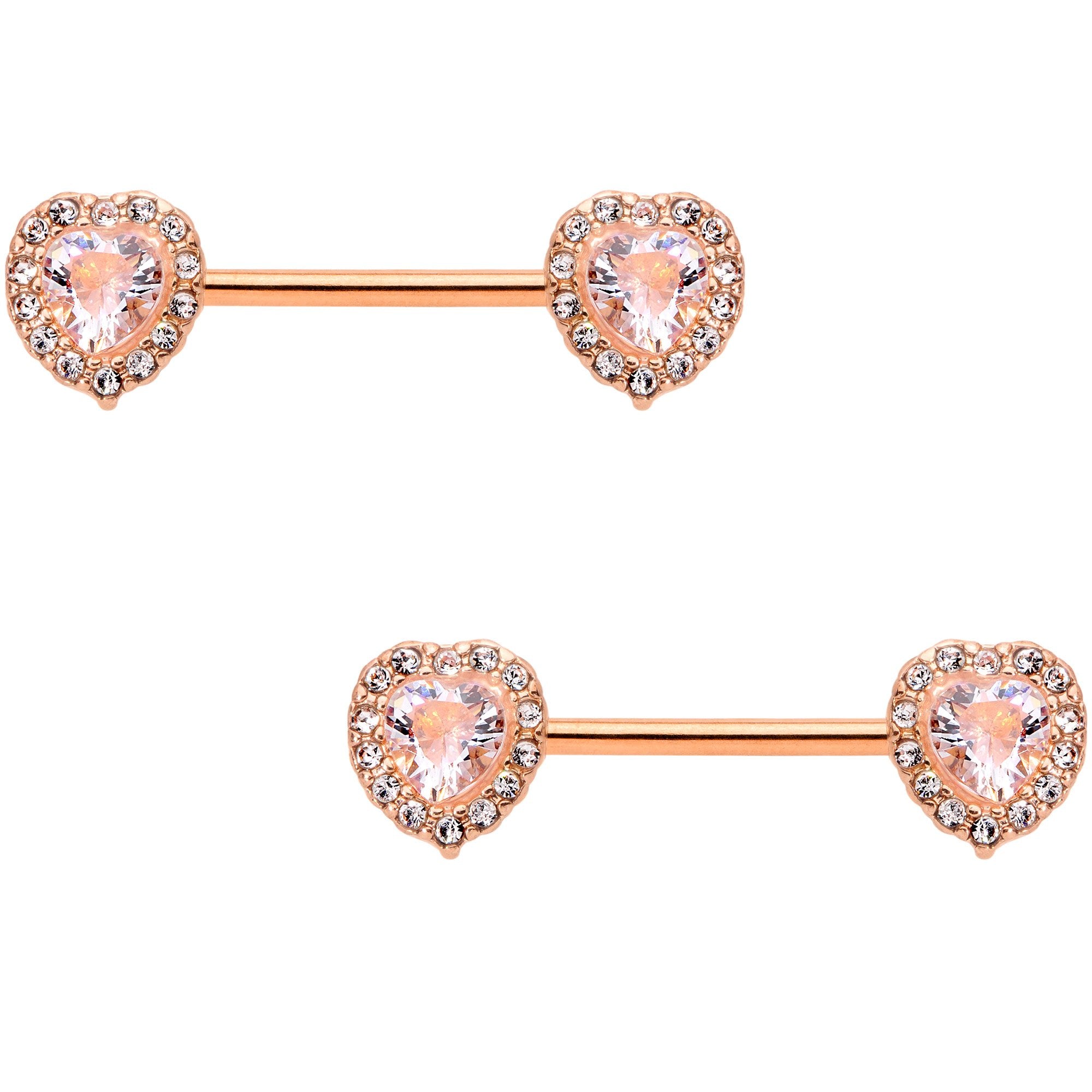 14 Gauge 9/16 Clear Gem Rose Gold Tone Heart Barbell Nipple Ring Set