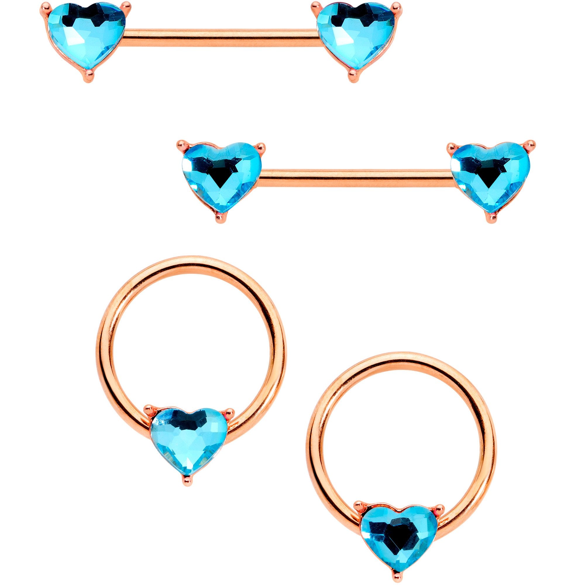 14 Gauge Aqua Gem Heart Rose Gold Tone BCR Barbell Nipple Ring Set of 4