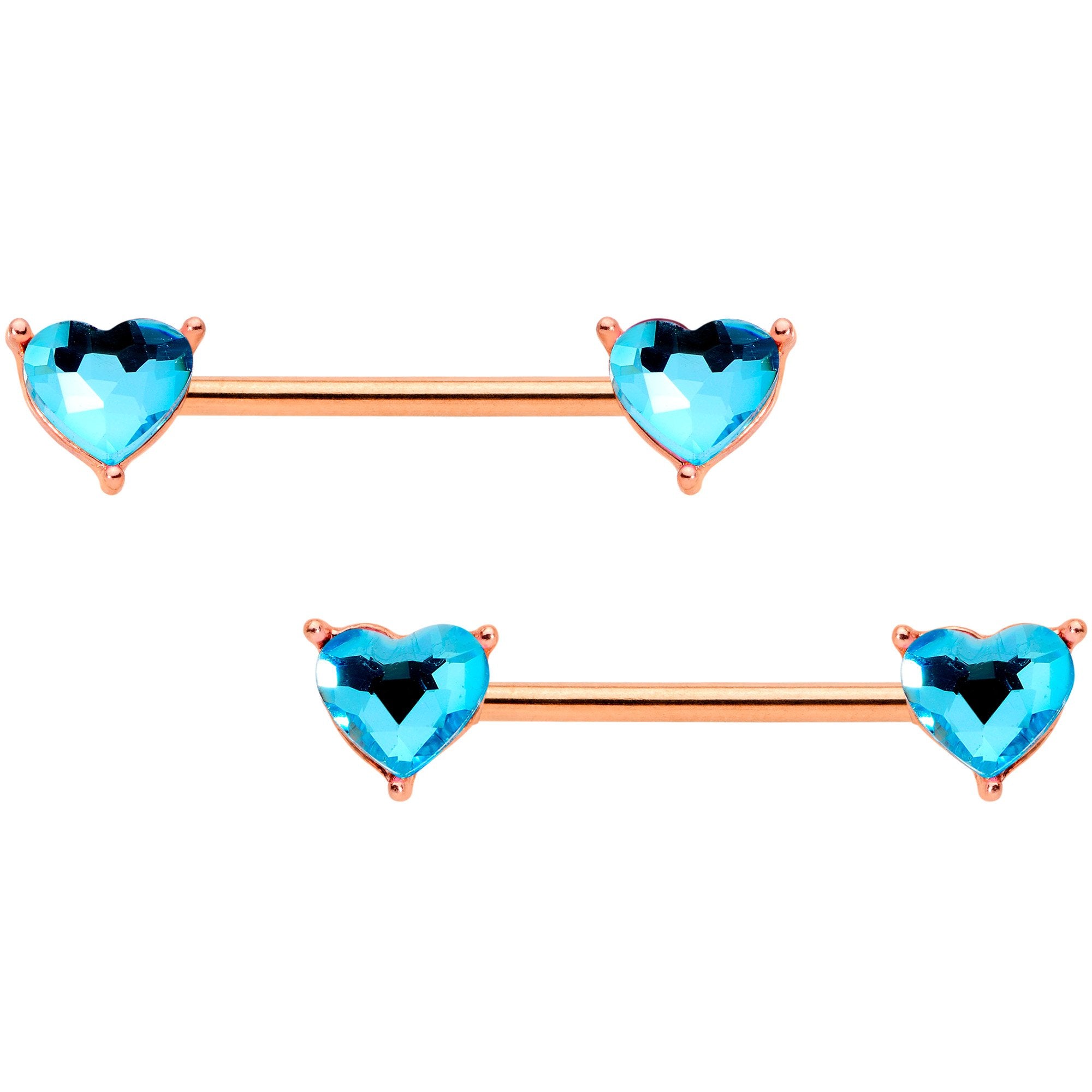 14 Gauge Aqua Gem Heart Rose Gold Tone BCR Barbell Nipple Ring Set of 4