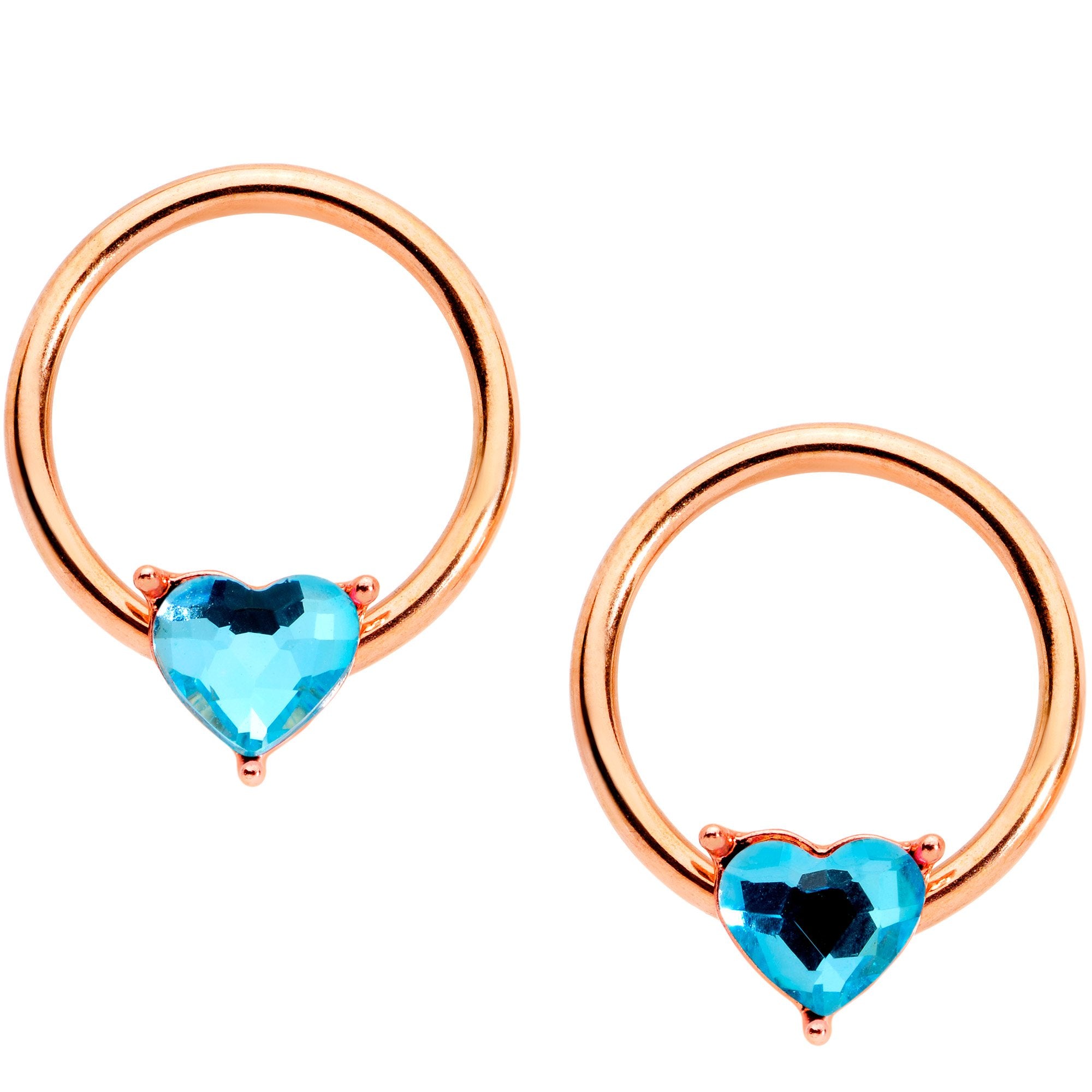 14 Gauge Aqua Gem Heart Rose Gold Tone BCR Barbell Nipple Ring Set of 4