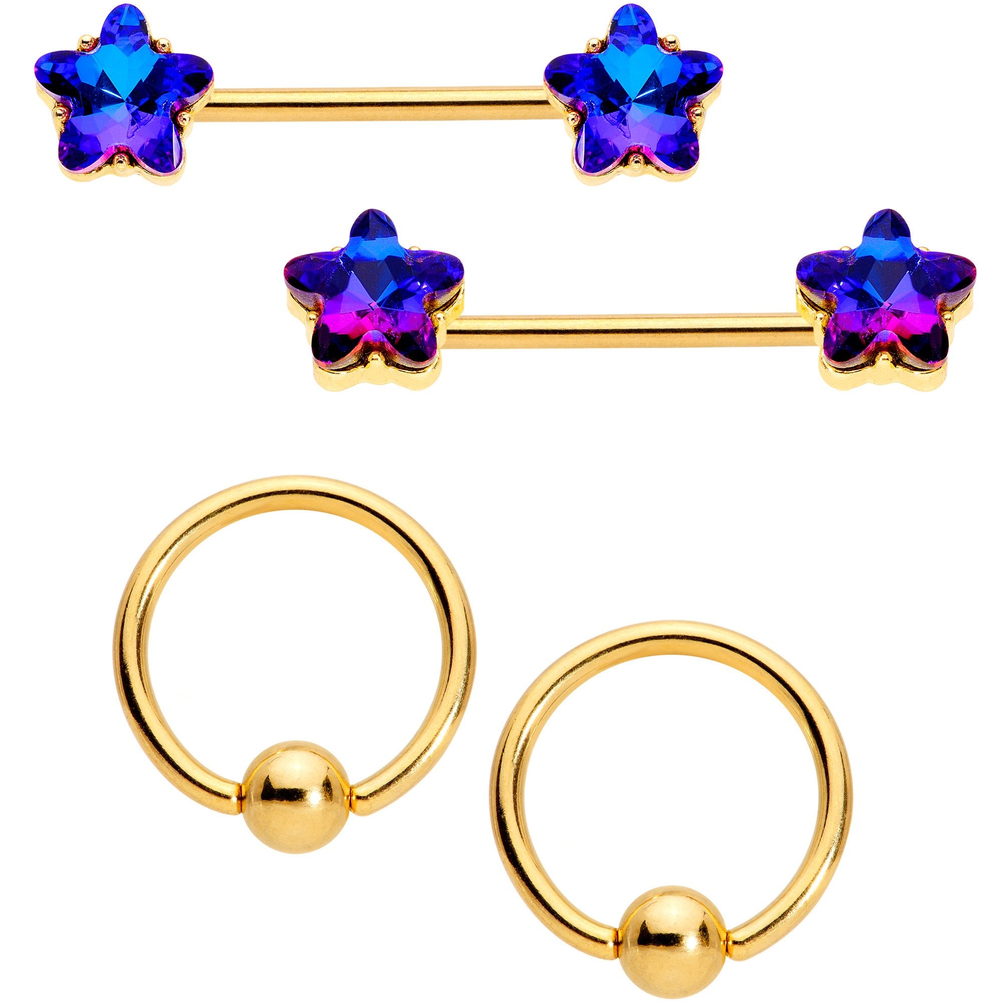 14 Gauge Deep Blue Gem Star Gold Tone BCR Barbell Nipple Ring Set