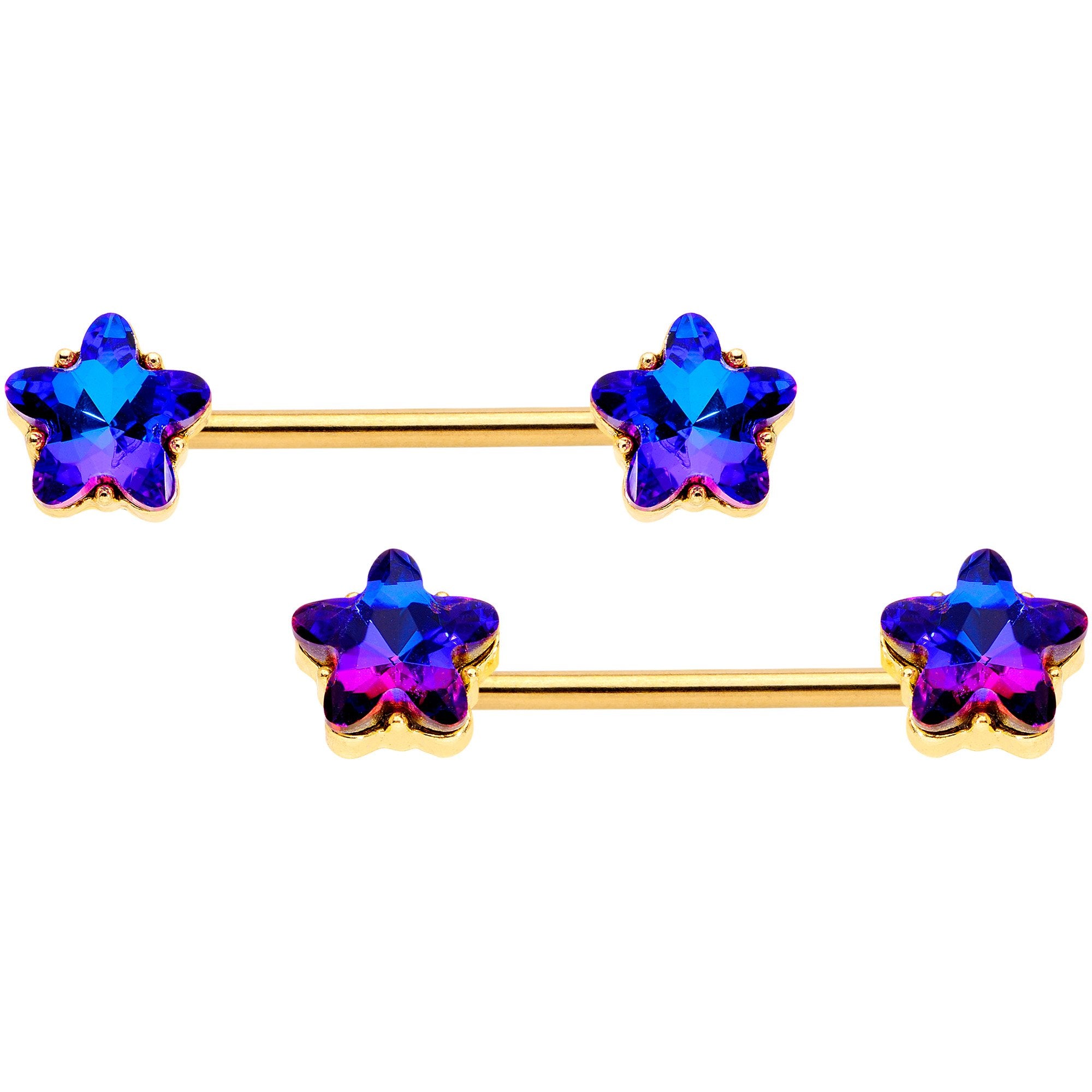 14 Gauge Deep Blue Gem Star Gold Tone BCR Barbell Nipple Ring Set