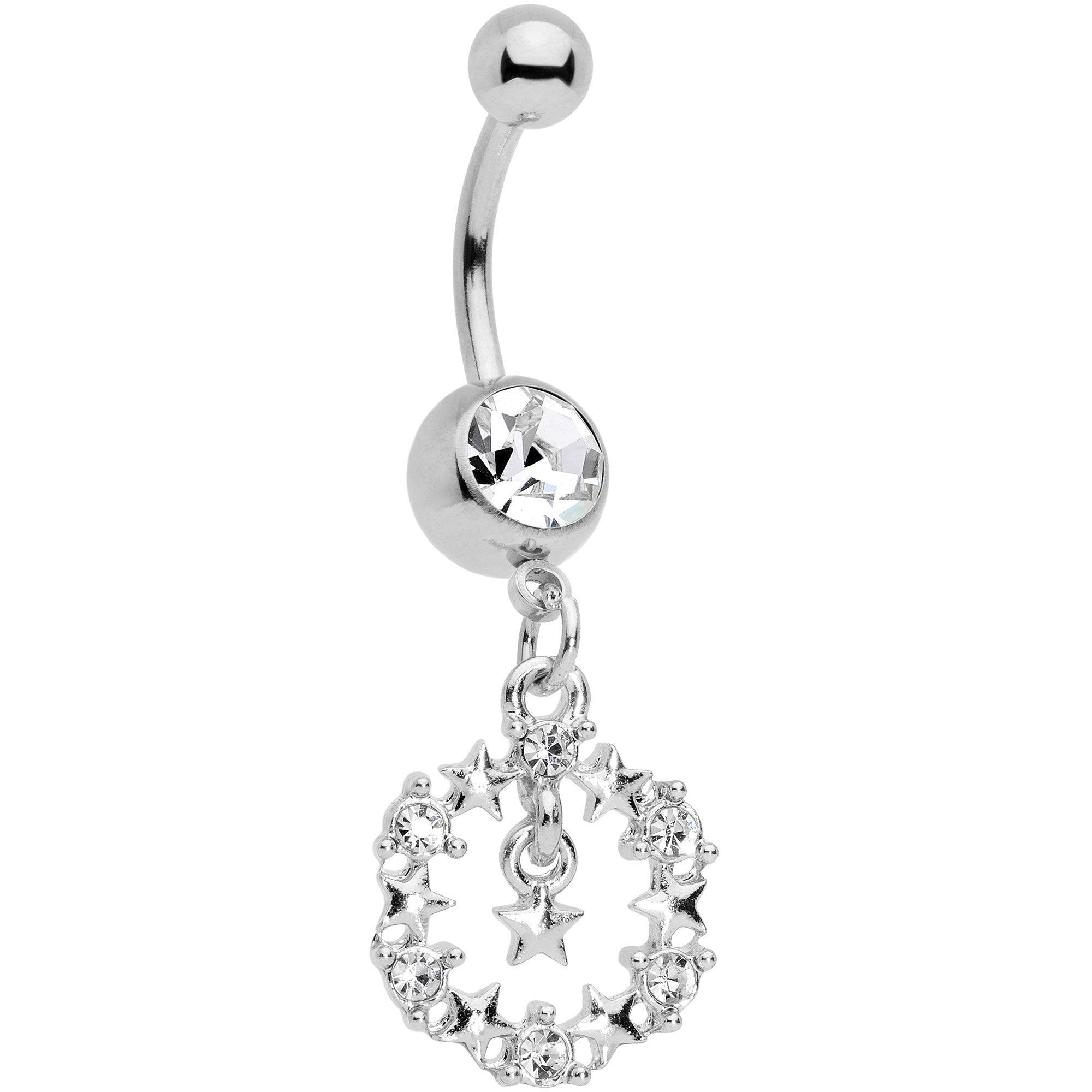 Clear Gem Holiday Wreath of Stars Dangle Belly Ring