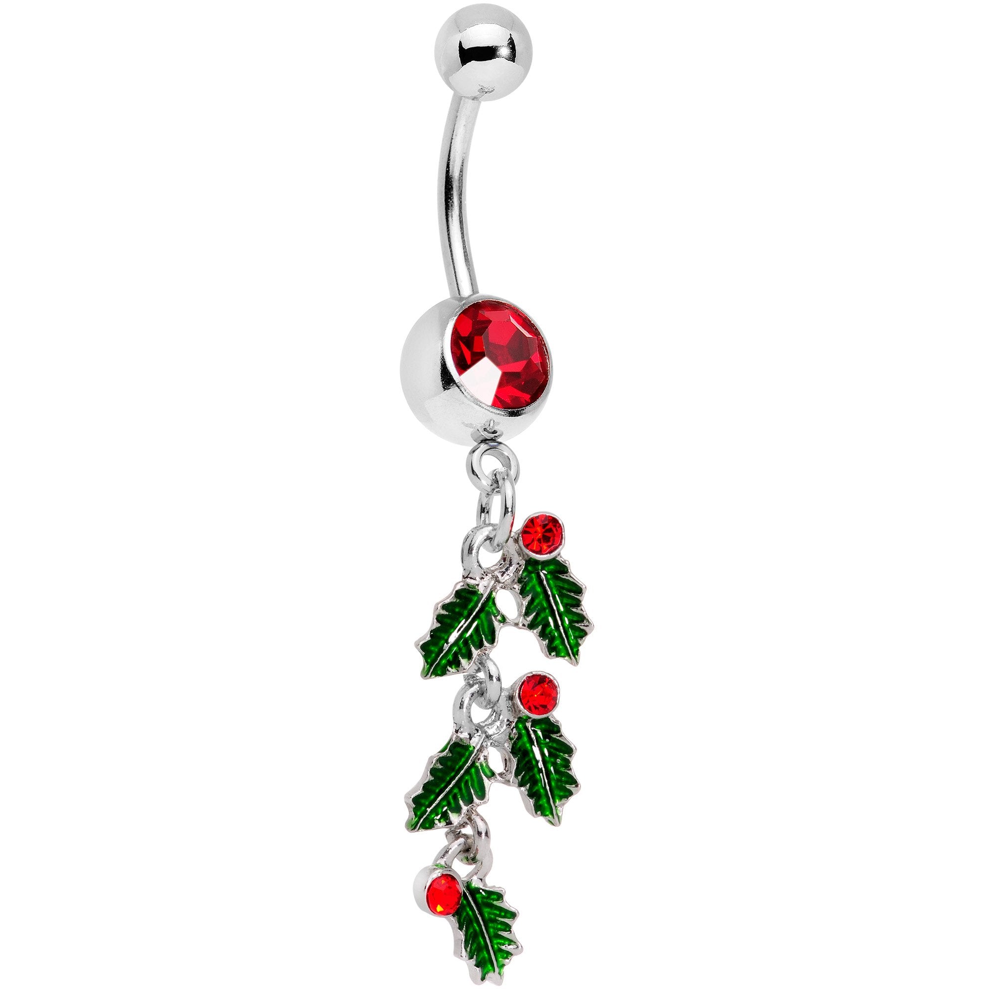 Red Gem Happy Holiday Cascade Of Holly Dangle Belly Ring