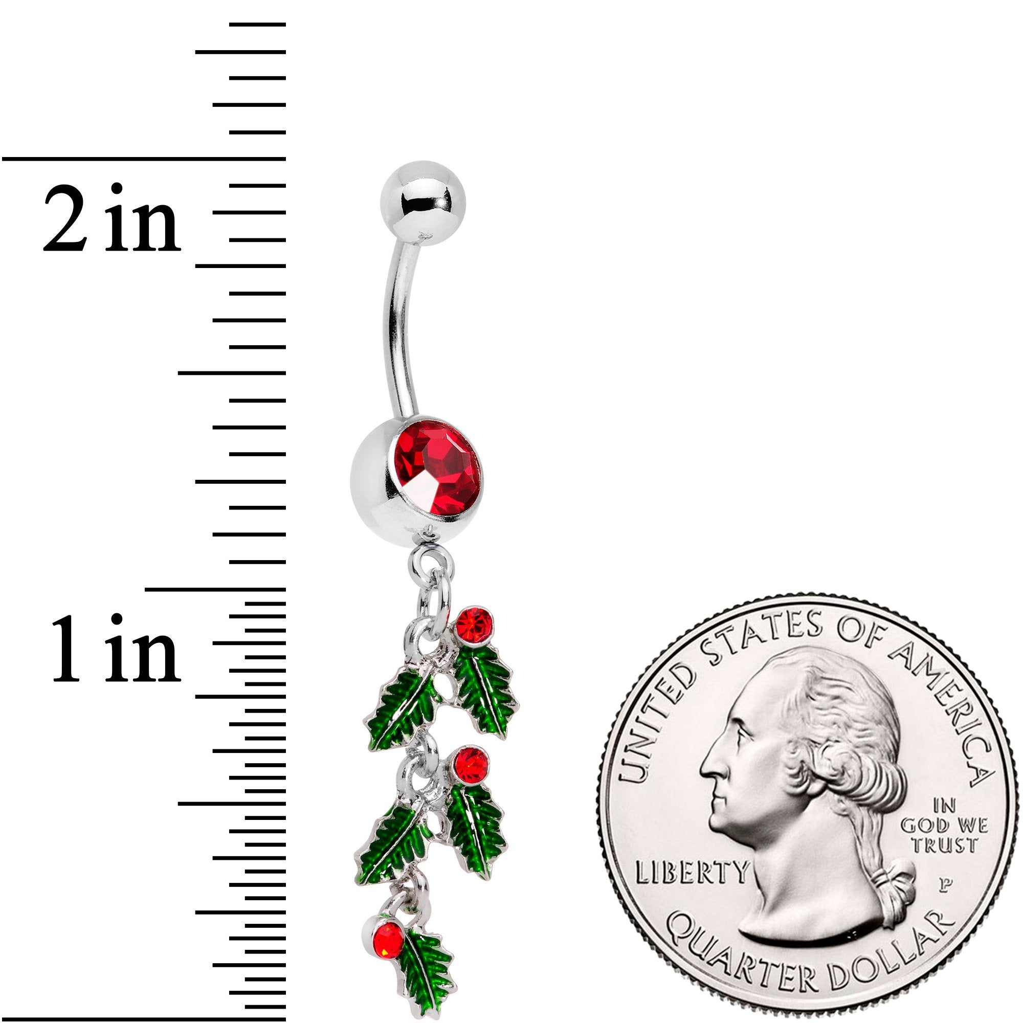 Red Gem Happy Holiday Cascade Of Holly Dangle Belly Ring