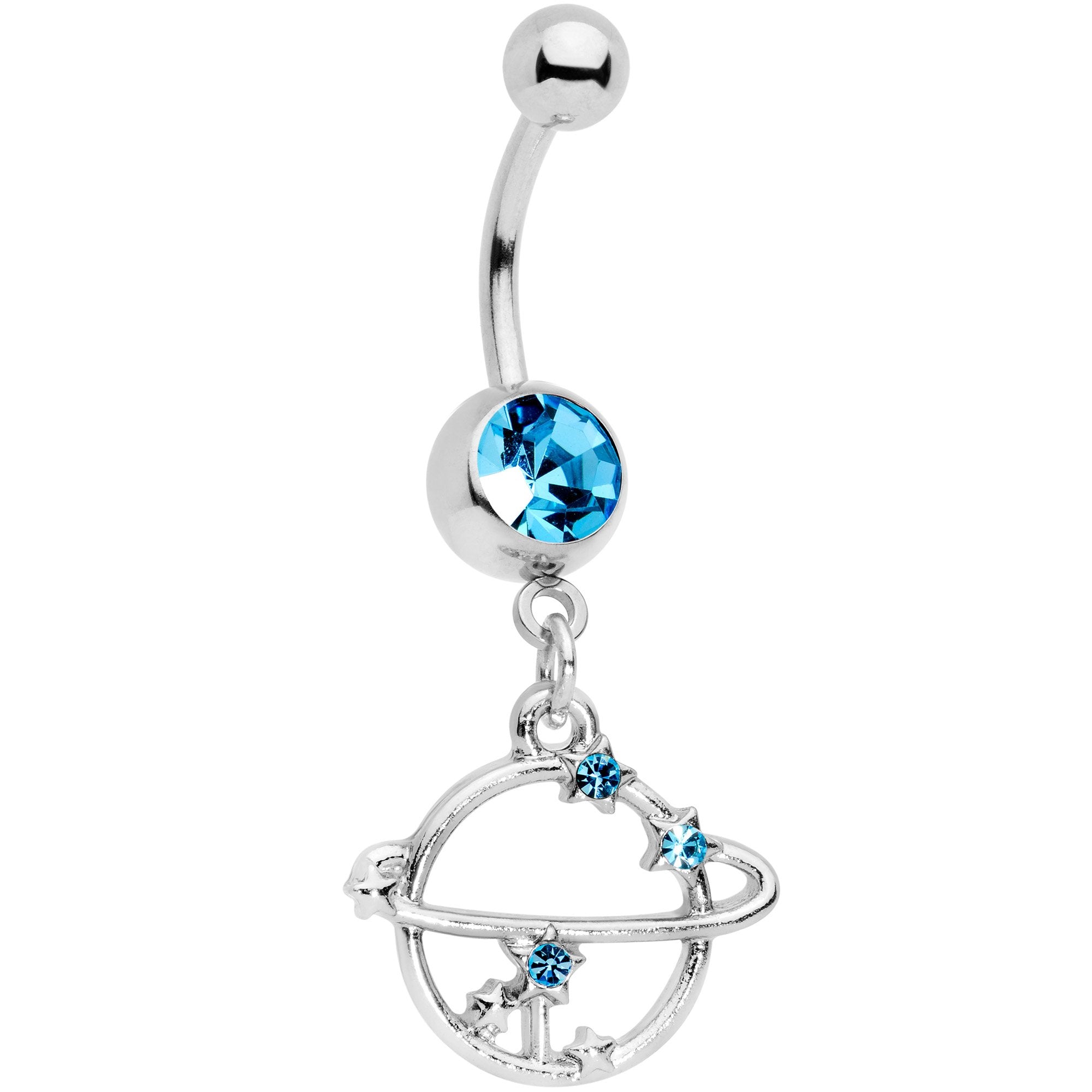 Aqua Gem Stars Orbiting Saturn Dangle Belly Ring