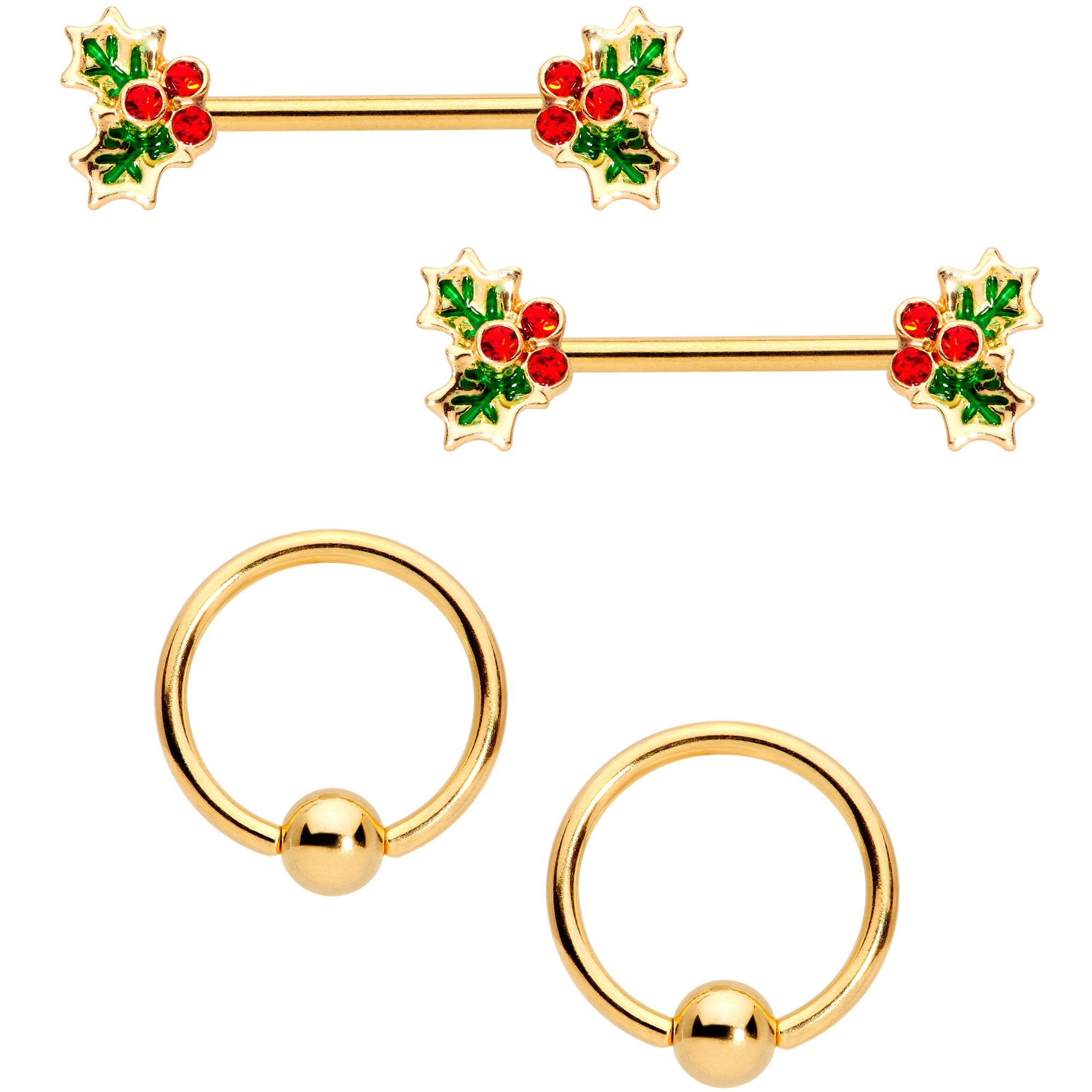 14 Gauge Red Gem Gold Tone Holly BCR Barbell Nipple Ring Set of 4