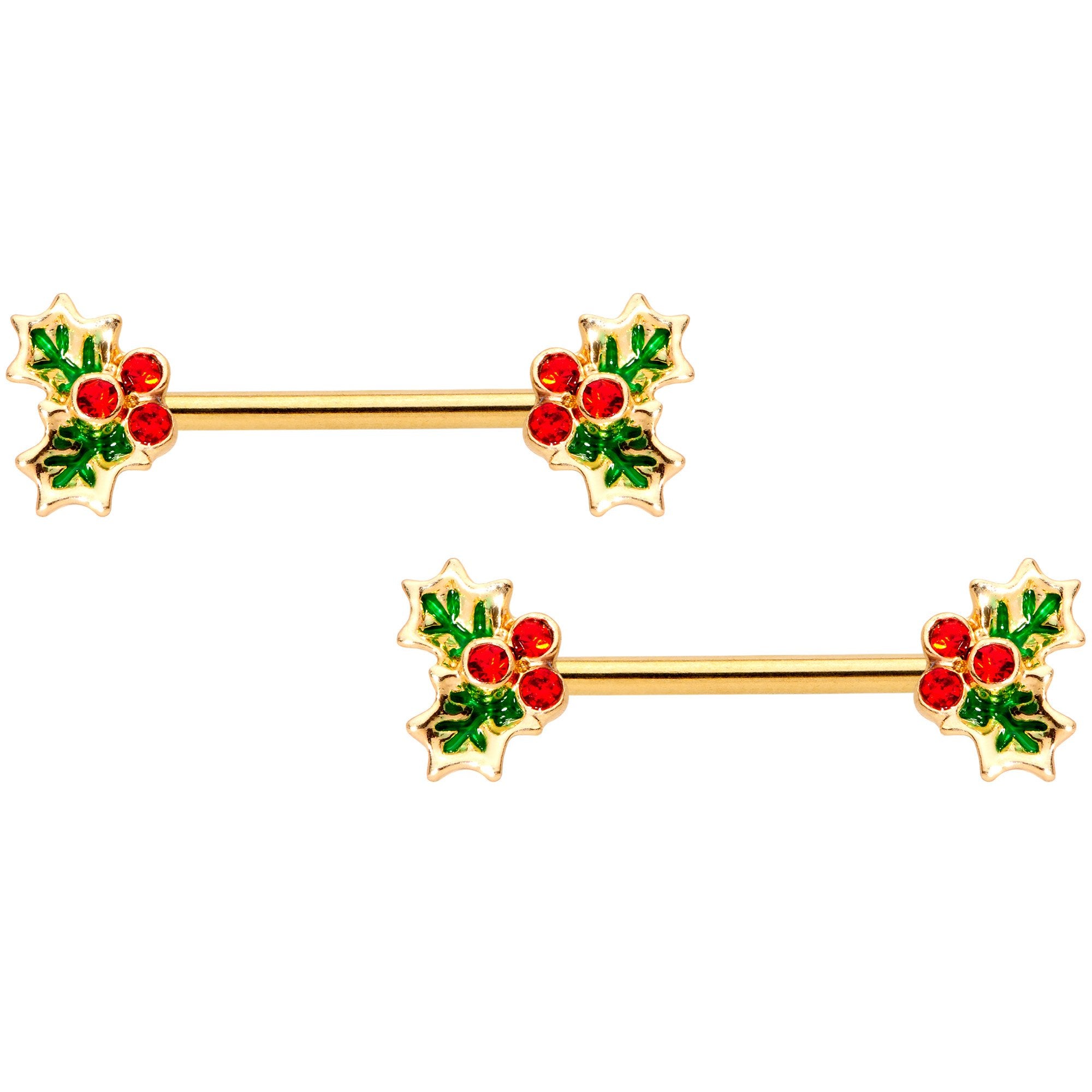 14 Gauge Red Gem Gold Tone Holly BCR Barbell Nipple Ring Set of 4