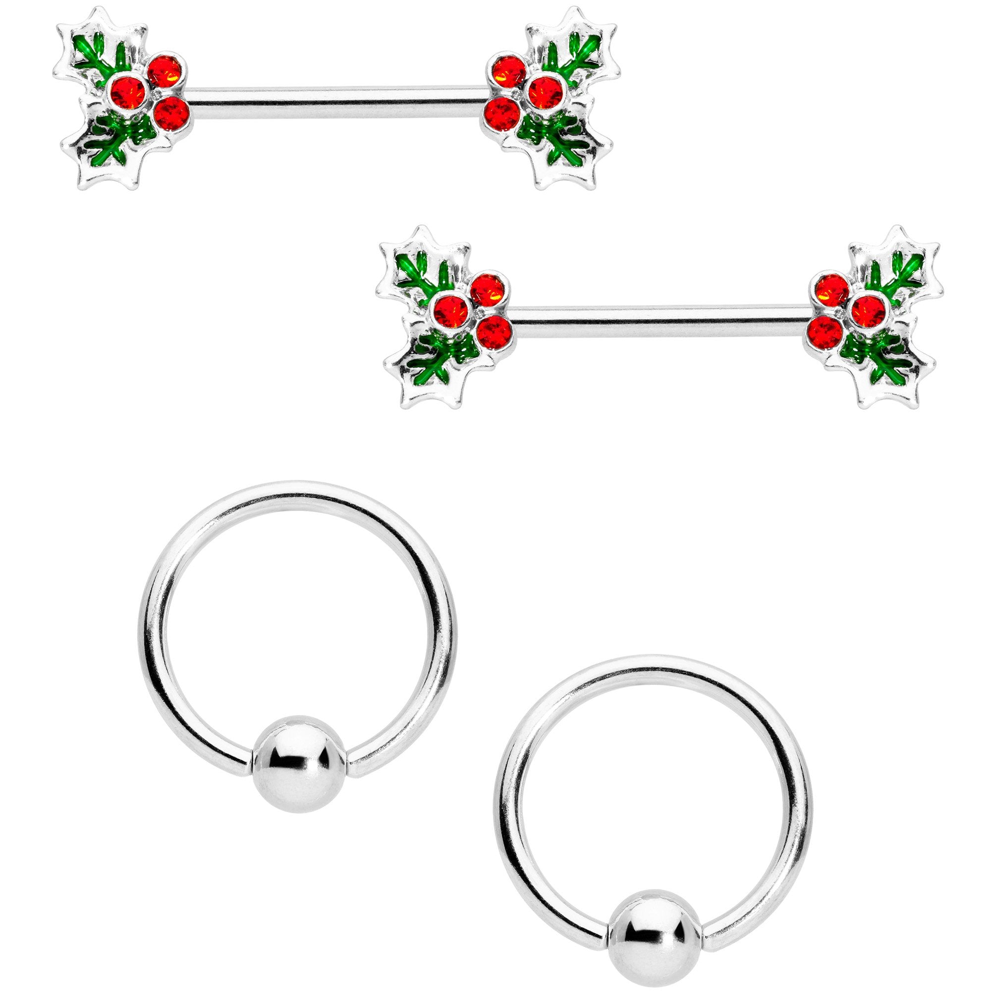 14 Gauge Red Gem Color Inlay Holly BCR Barbell Nipple Ring Set of 4