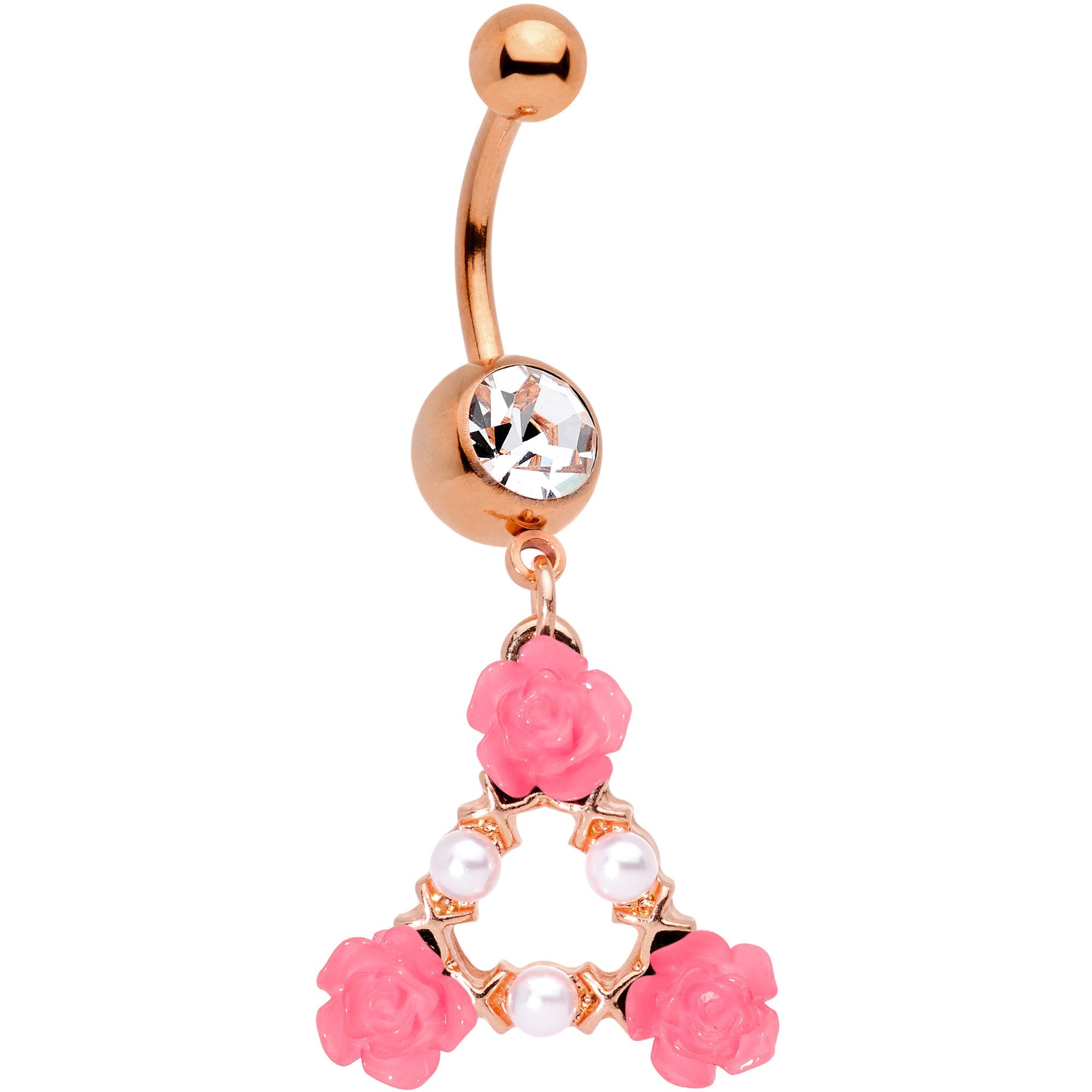 Clear Gem Rose Gold Tone Triangle of Roses Dangle Belly Ring