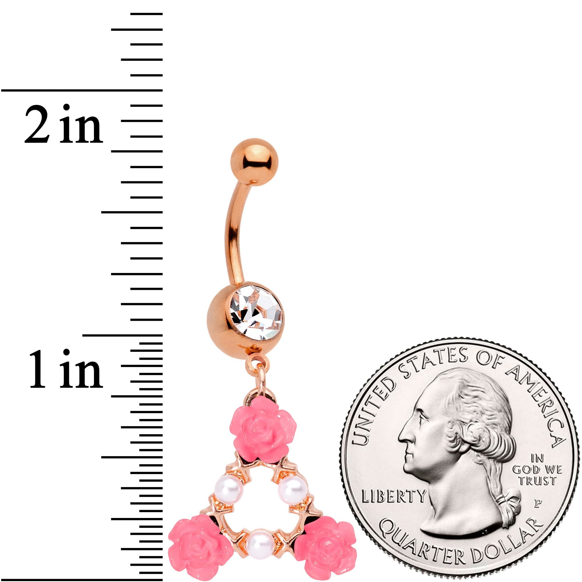 Clear Gem Rose Gold Tone Triangle of Roses Dangle Belly Ring