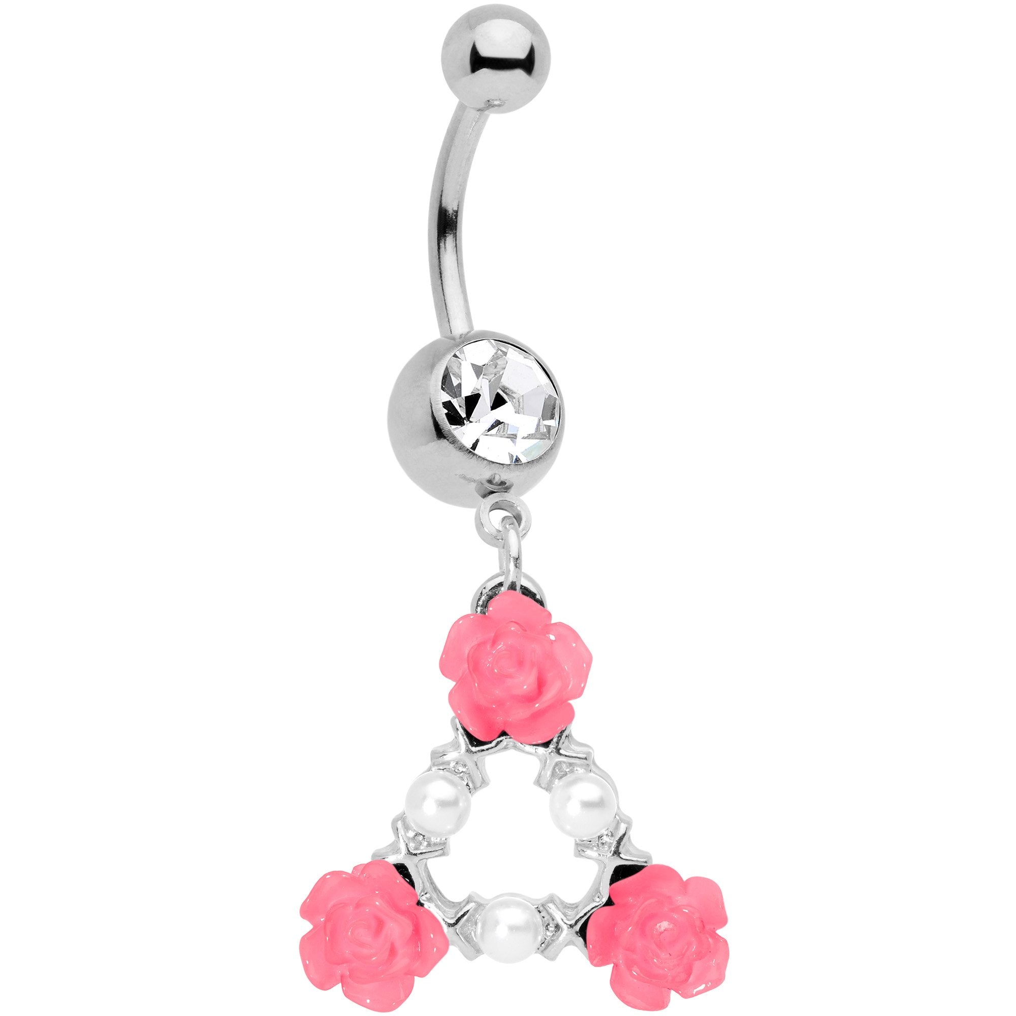 Clear Gem Triangle of Roses Dangle Belly Ring