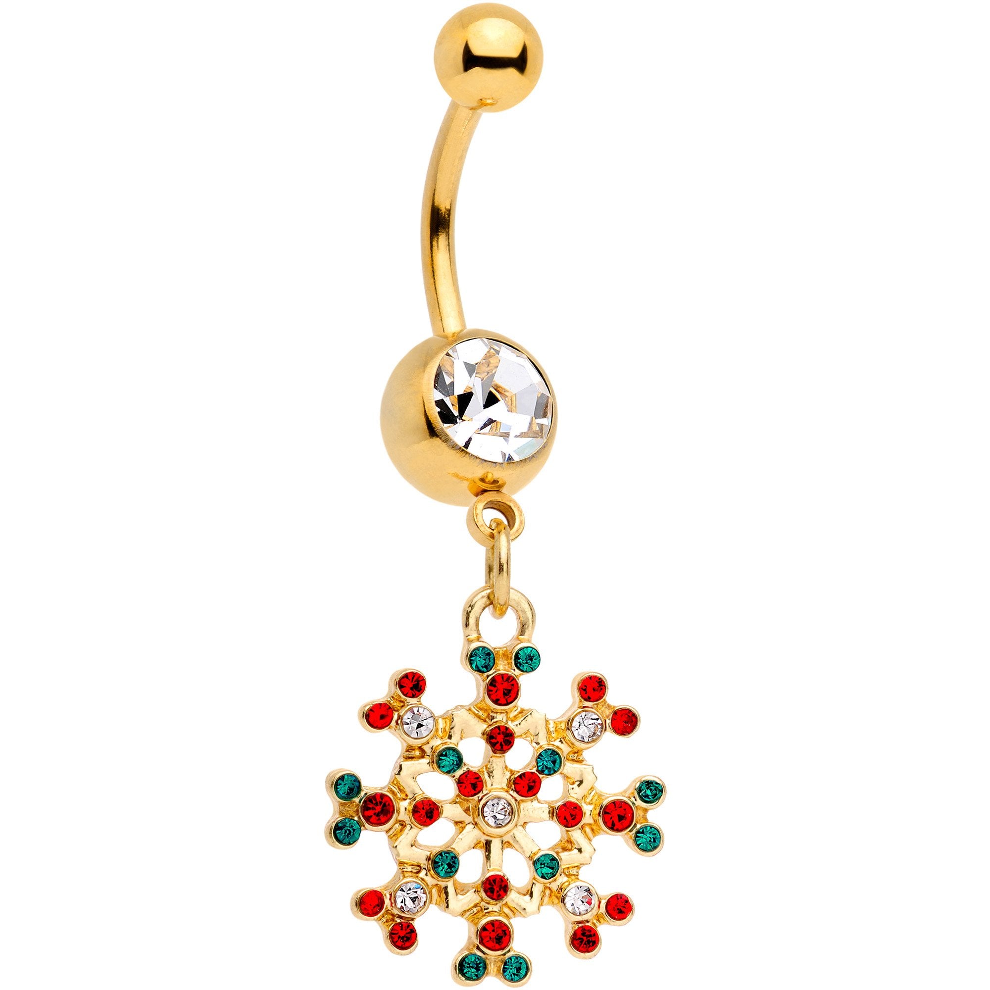 Red Green Gem Gold Tone Winter Blizzard Dangle Belly Ring