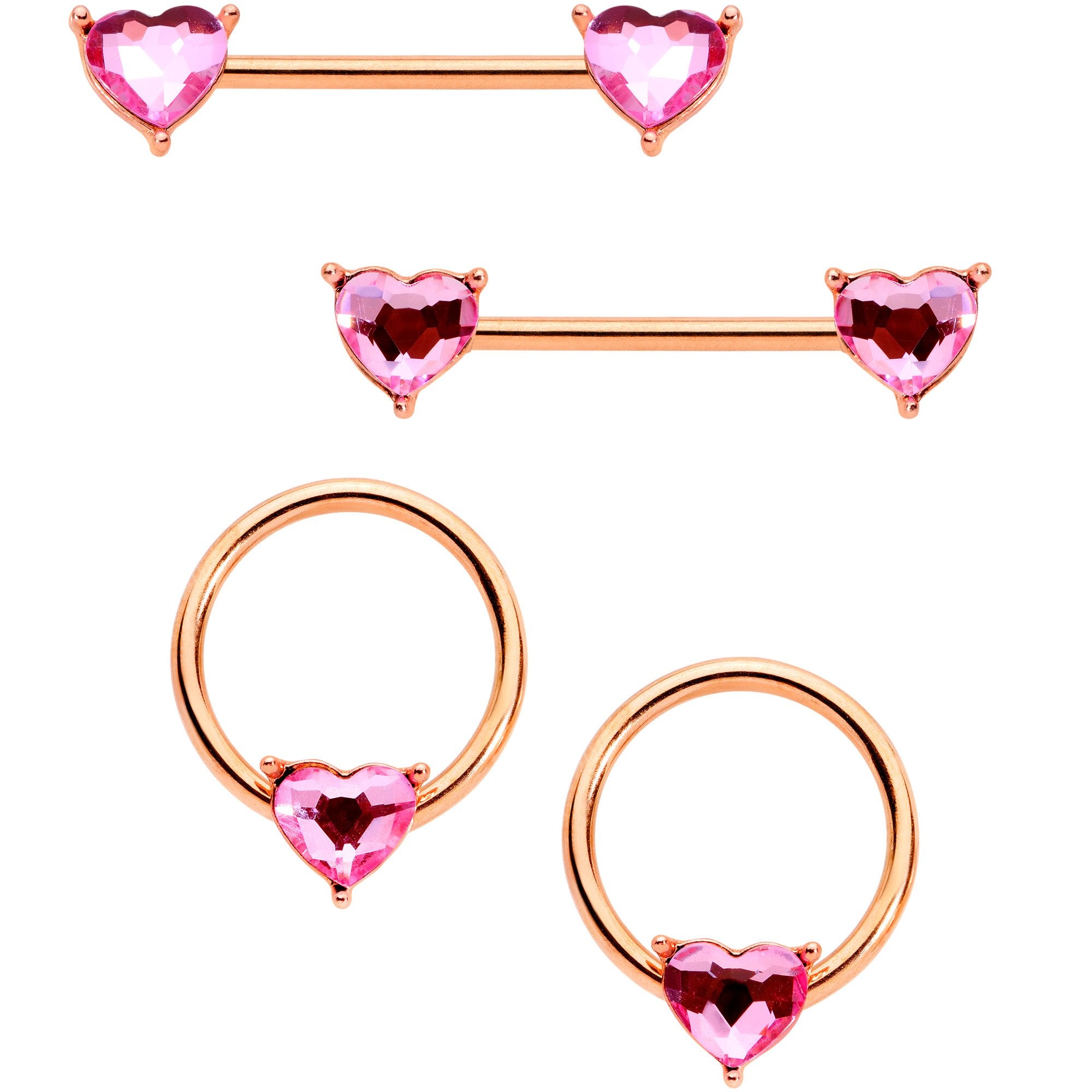 14 Gauge Pink Gem Rose Gold Tone Heart BCR Barbell Nipple Ring Set