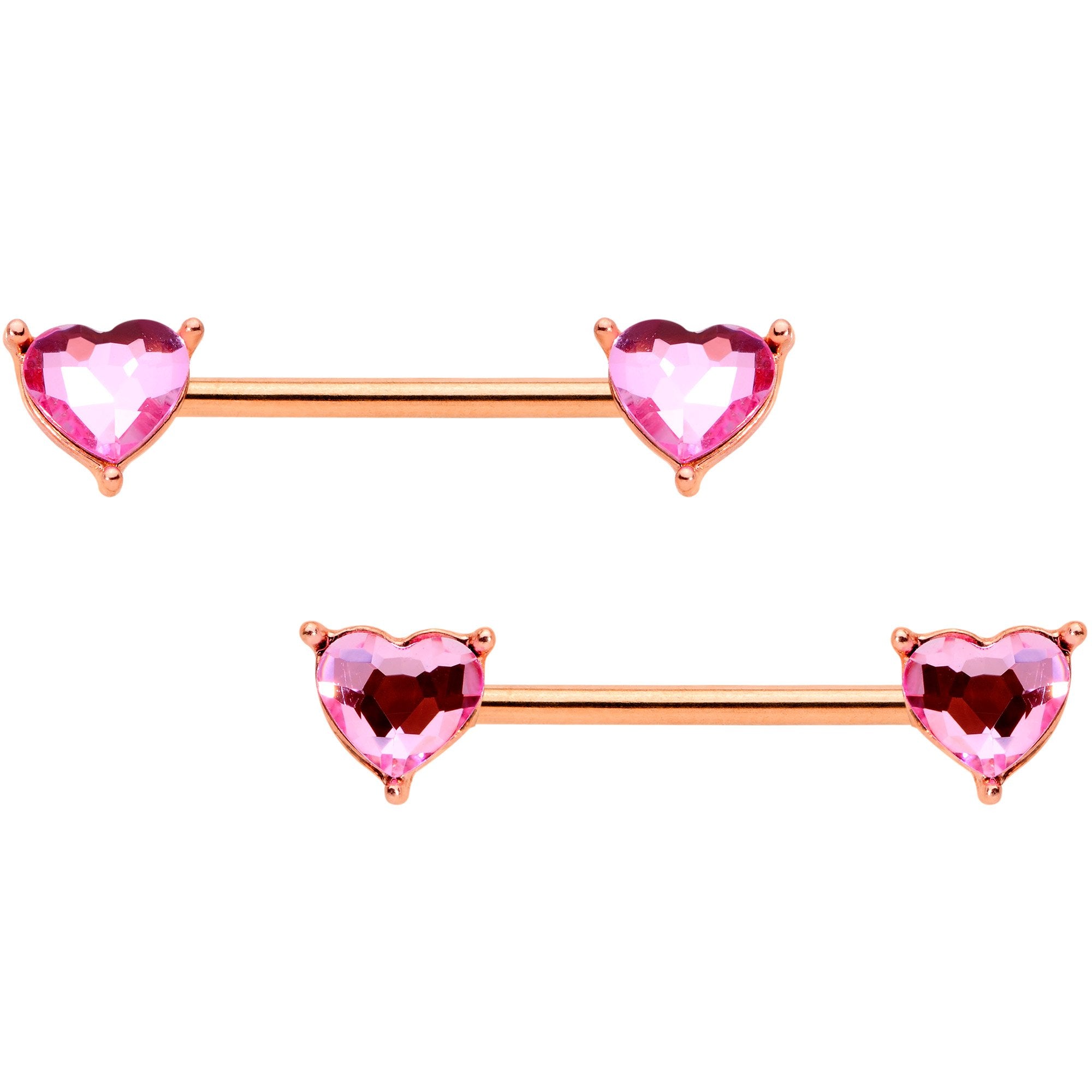 14 Gauge Pink Gem Rose Gold Tone Heart BCR Barbell Nipple Ring Set