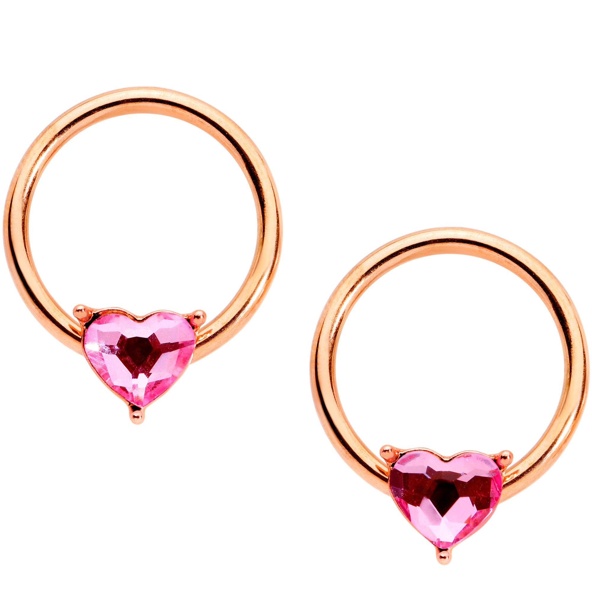 14 Gauge Pink Gem Rose Gold Tone Heart BCR Barbell Nipple Ring Set