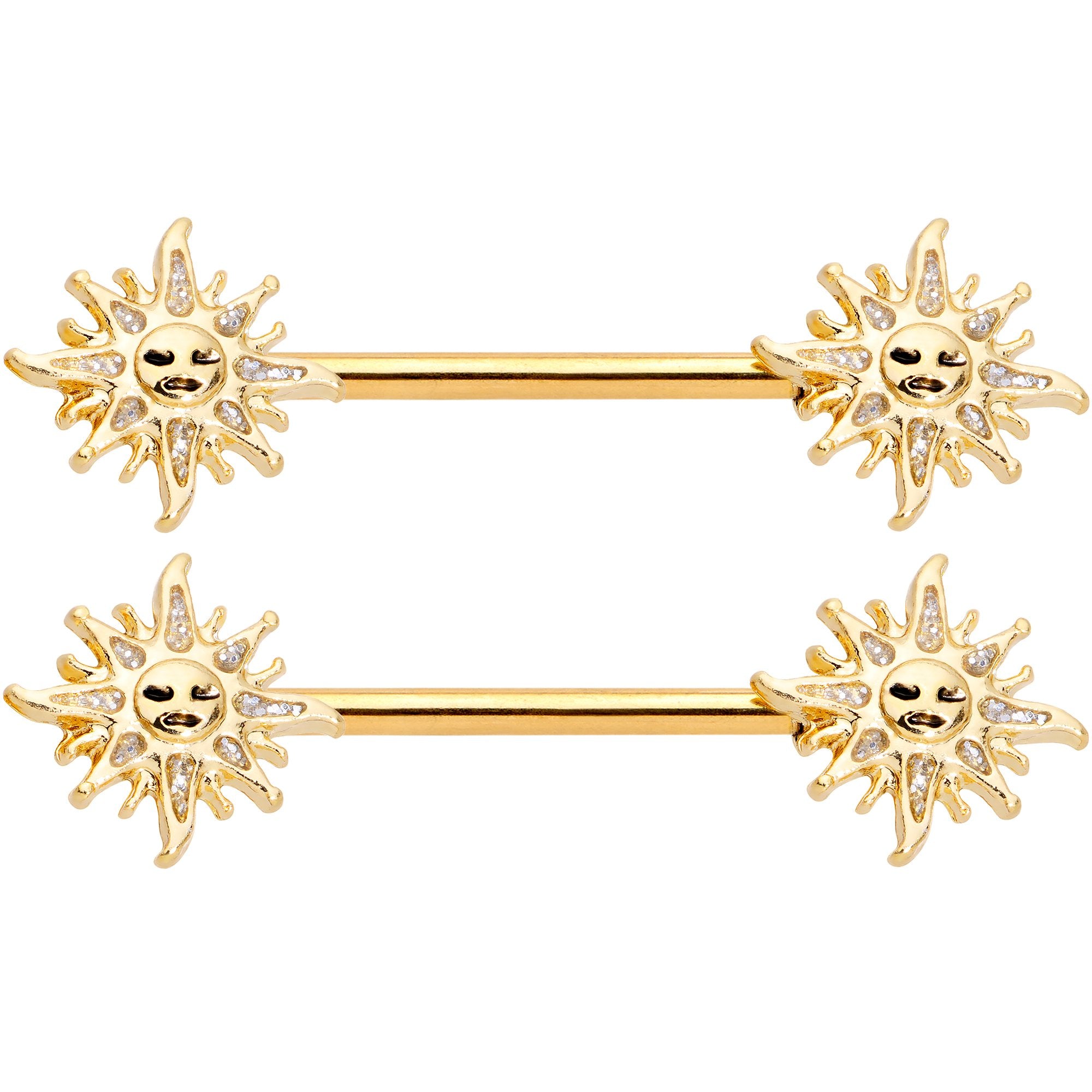 14 Gauge 9/16 Gold Tone Happy Sun Barbell Nipple Ring Set