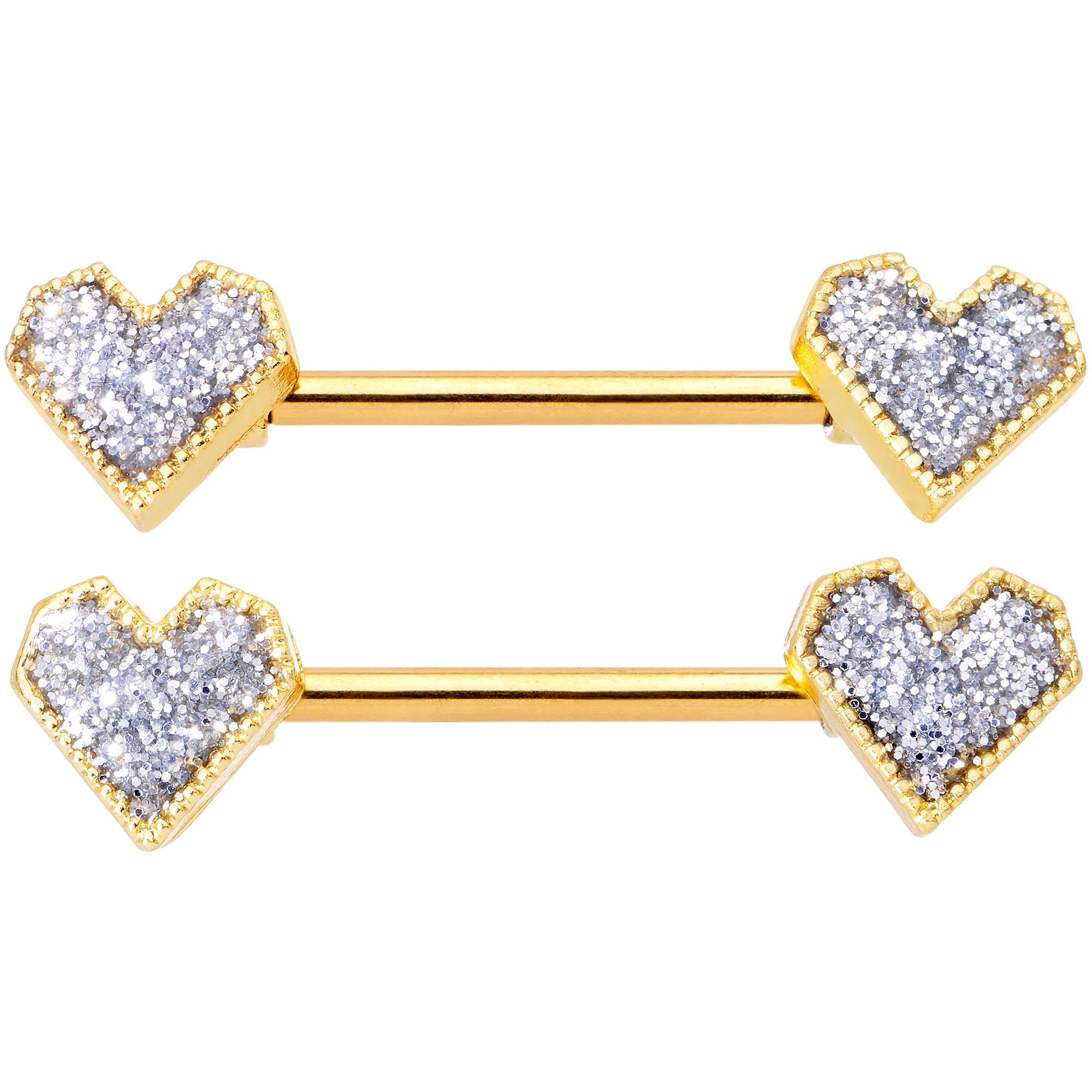 14 Gauge 9/16 Gold Tone Valentine Heart Barbell Nipple Ring Set