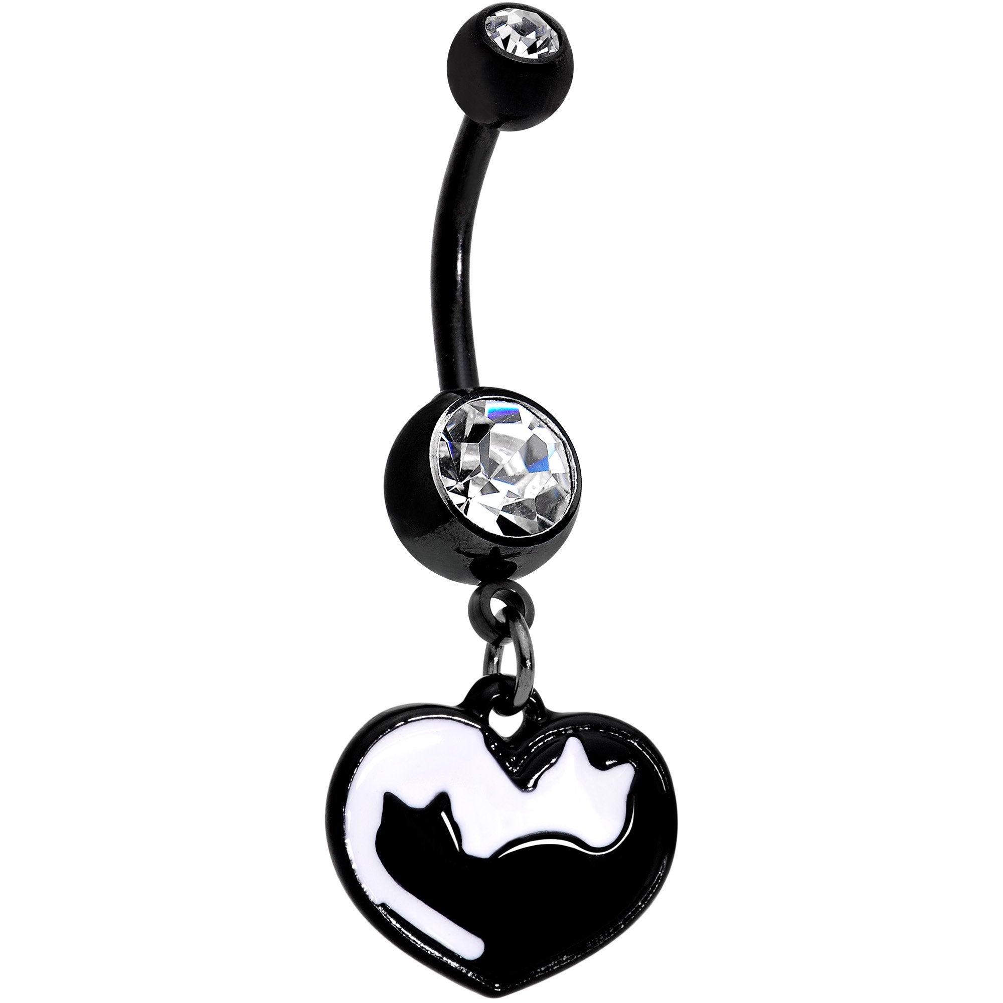 Clear Gem Black And White Cat Lover Silhouette Dangle Belly Ring