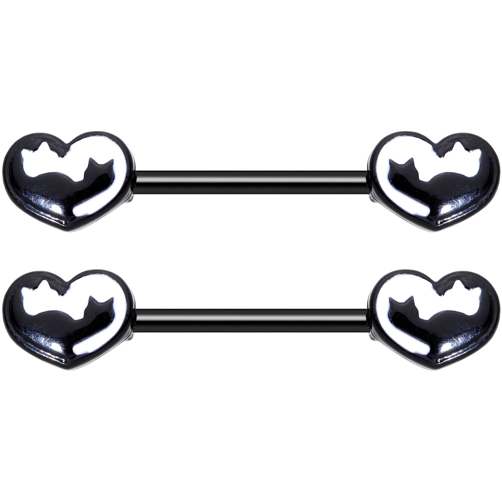 14 Gauge 9/16 Black White Silhouette Cat Lover Barbell Nipple Ring Set