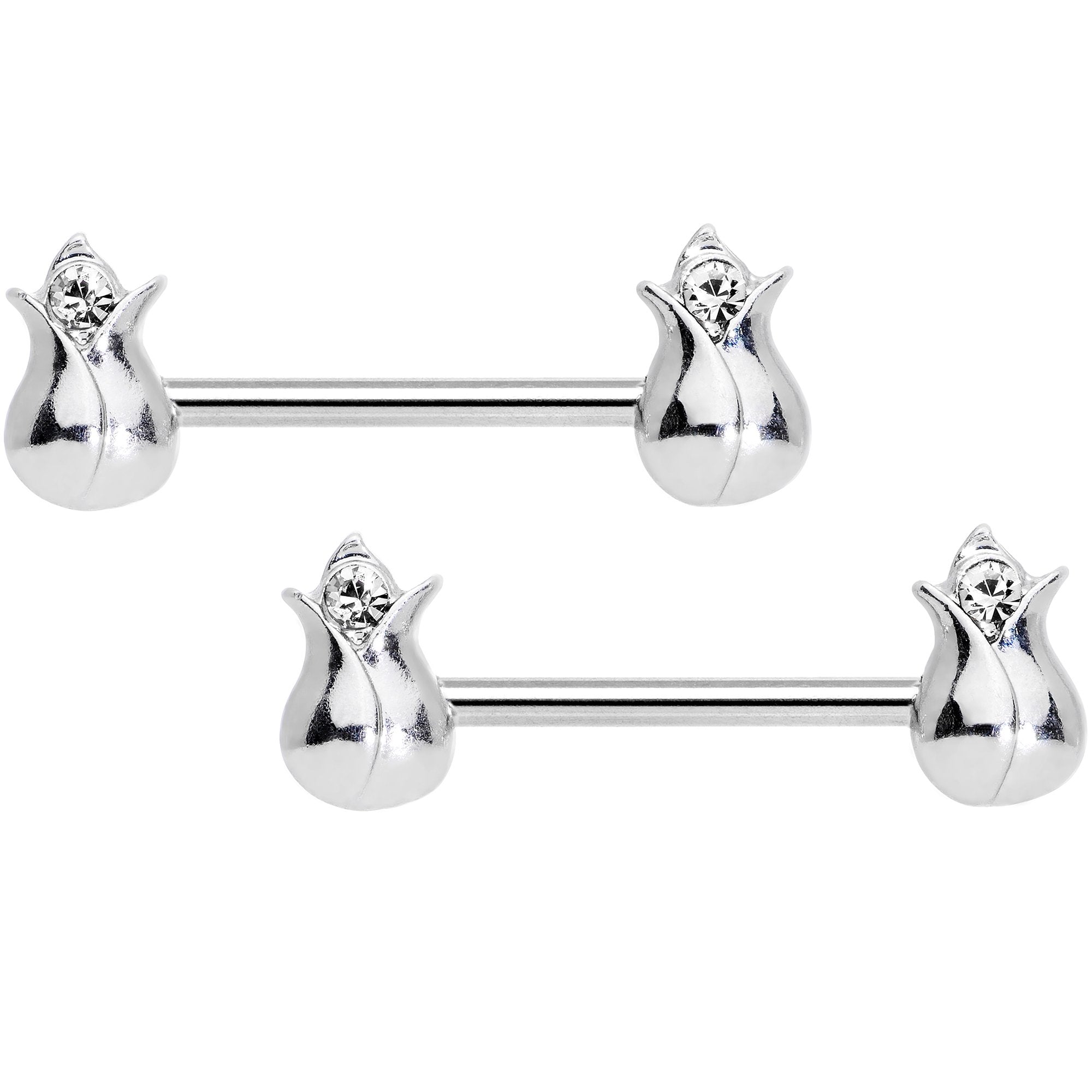 14 Gauge 9/16 Clear Gem Tulip Flower Barbell Nipple Ring Set