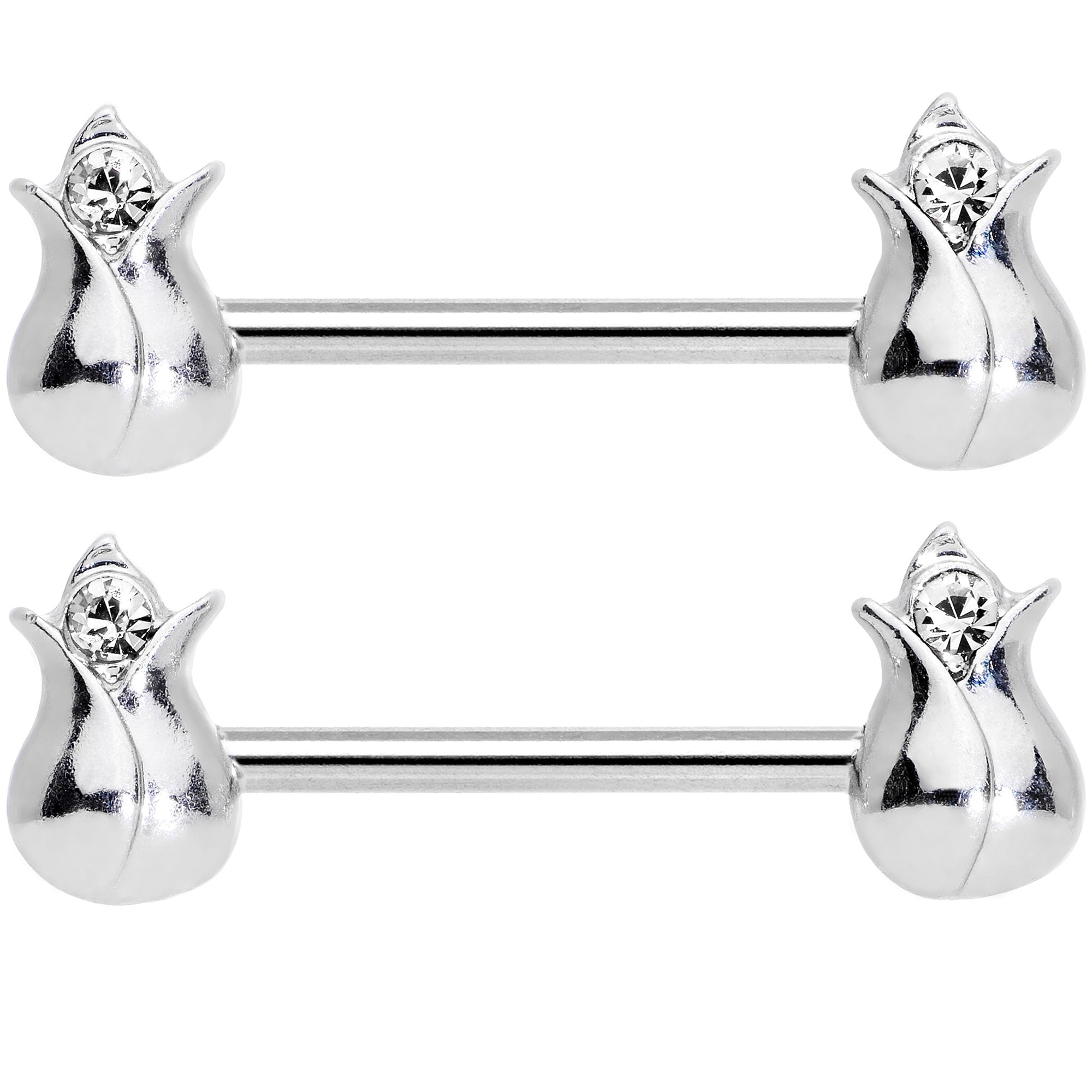 14 Gauge 9/16 Clear Gem Tulip Flower Barbell Nipple Ring Set