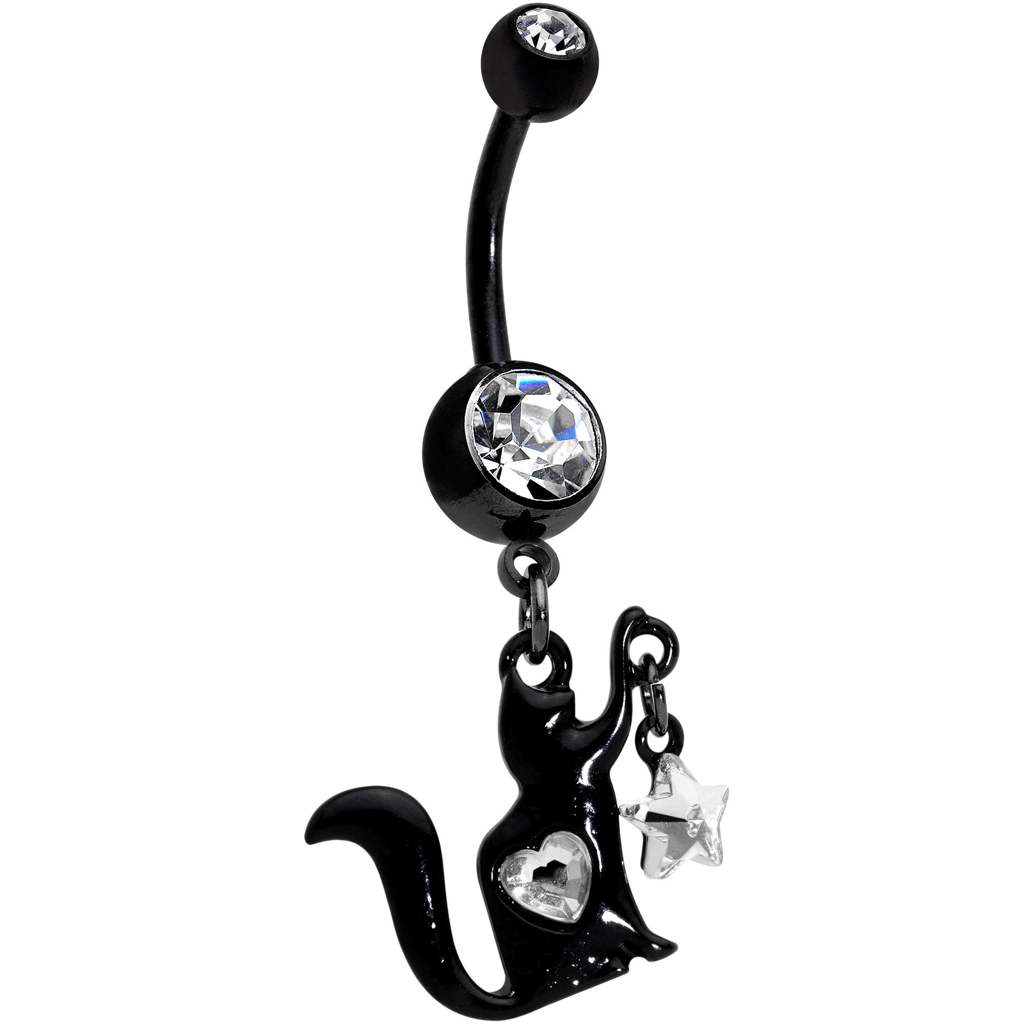 Clear Gem Black Paw That Holds The Stars Cat Dangle Belly Ring