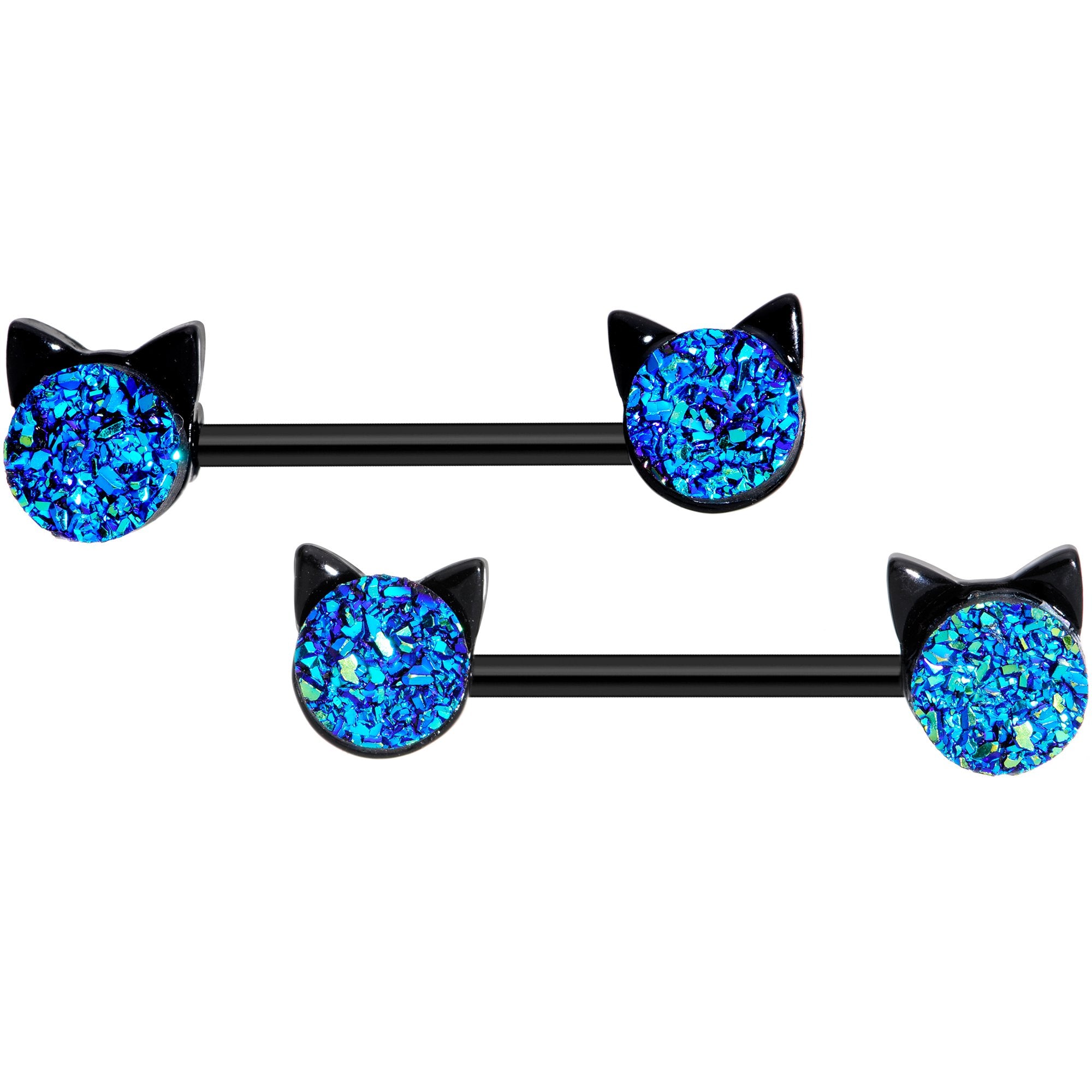 14 Gauge 9/16 Blue Faux Druzy Cat Head Barbell Nipple Ring Set