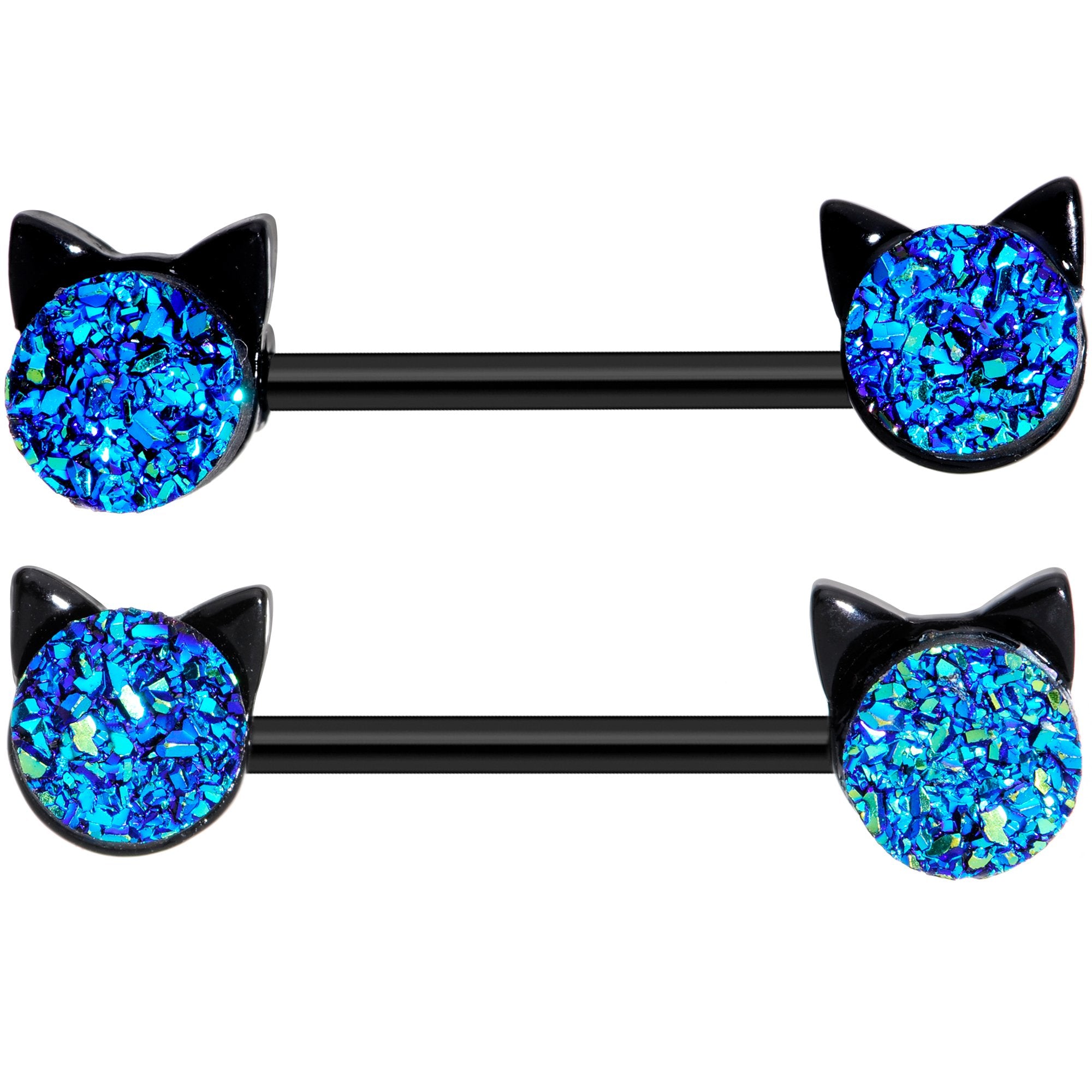 14 Gauge 9/16 Blue Faux Druzy Cat Head Barbell Nipple Ring Set