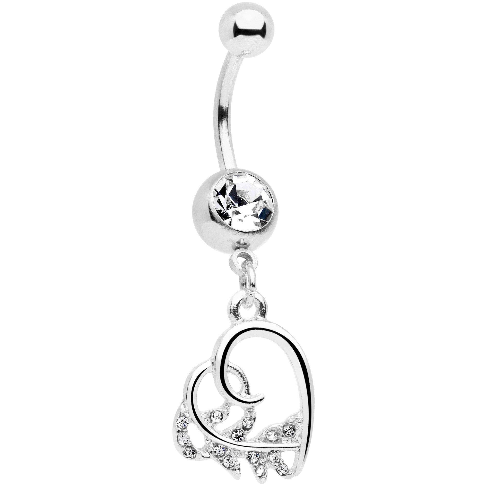 Clear Gem Scrolling Embellished Heart Dangle Belly Ring