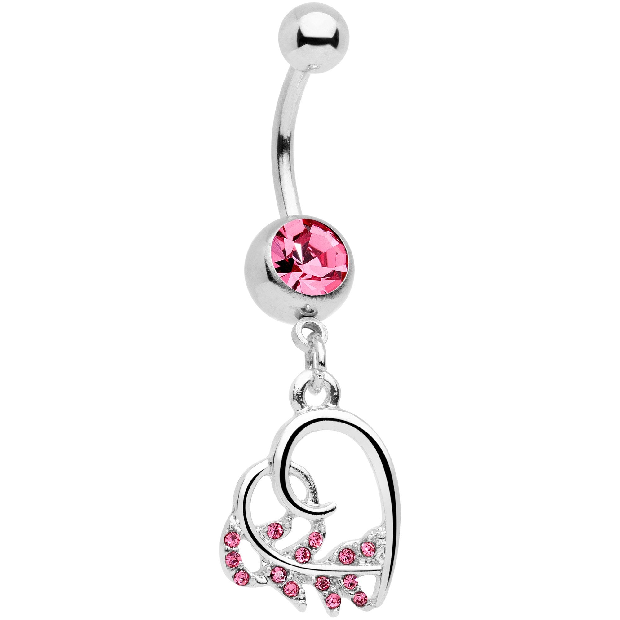 Pink Gem Scrolling Embellished Heart Dangle Belly Ring