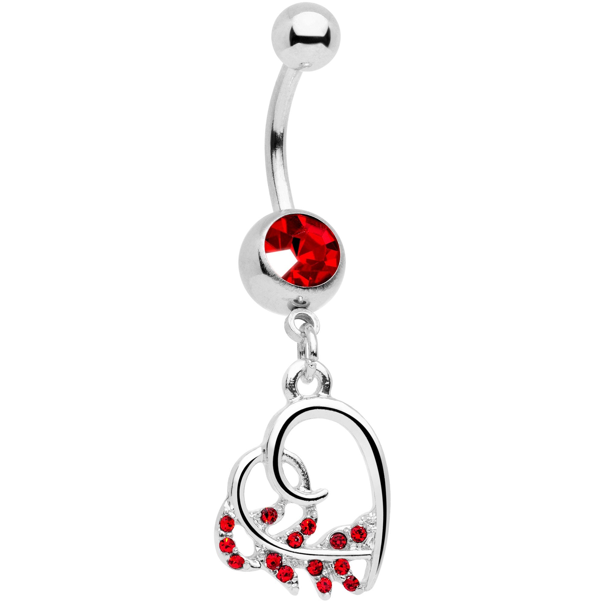 Red Gem Scrolling Embellished Heart Dangle Belly Ring