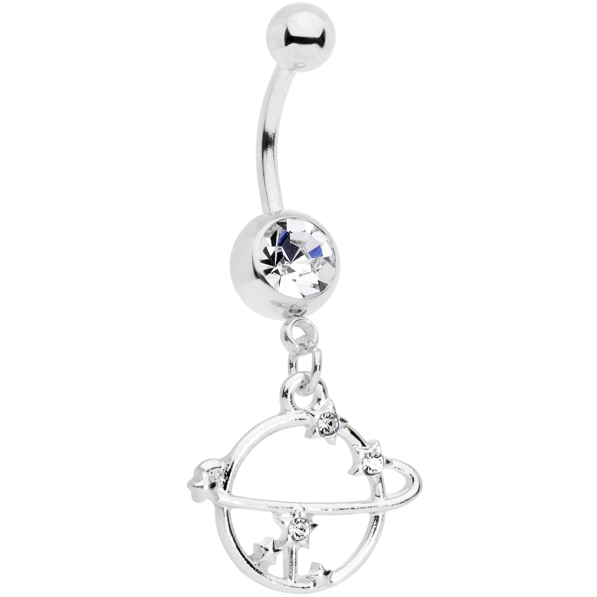 Clear Gem Stars Orbit Planet Saturn Dangle Belly Ring