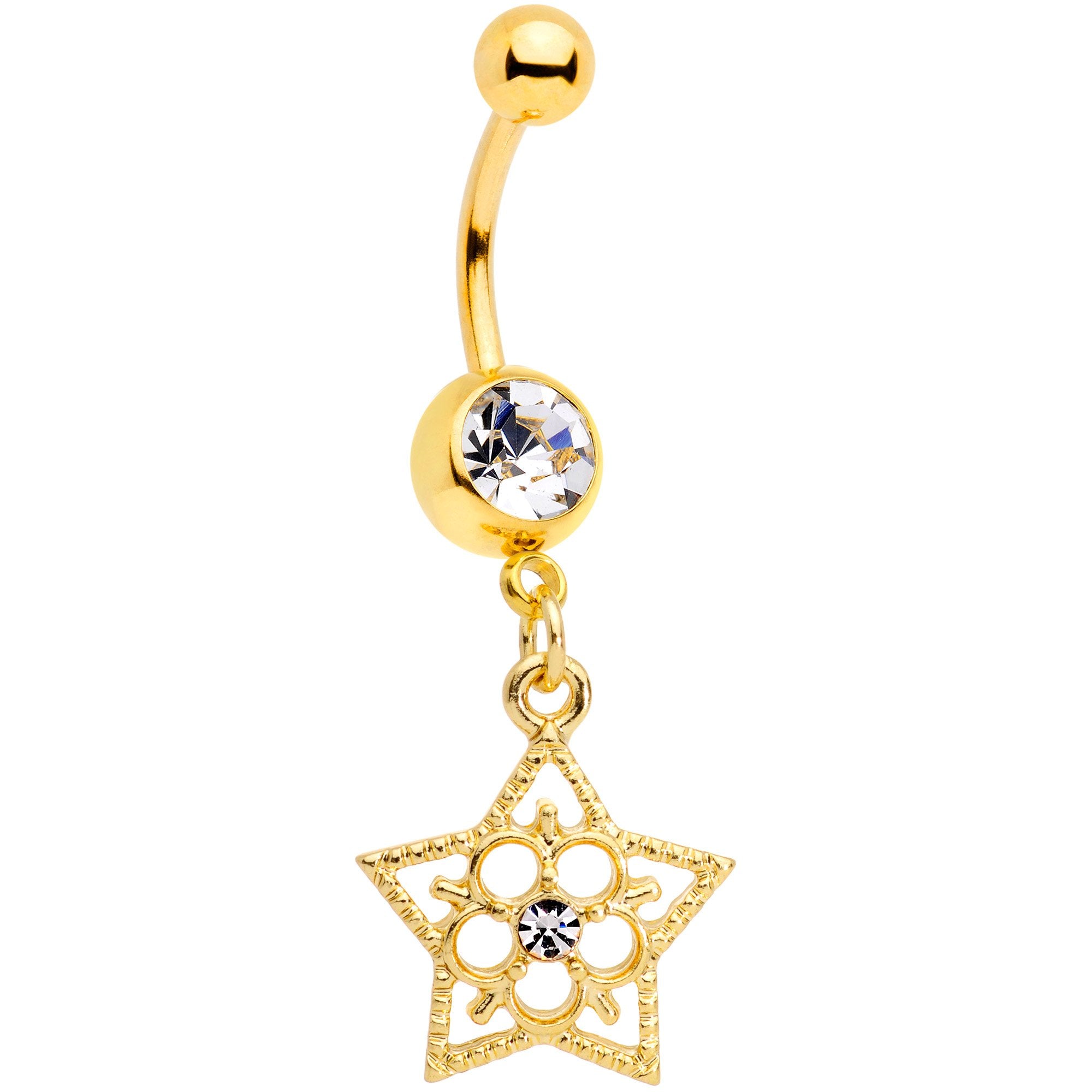 Clear Gem Gold Tone Star and Snow Flower Dangle Belly Ring