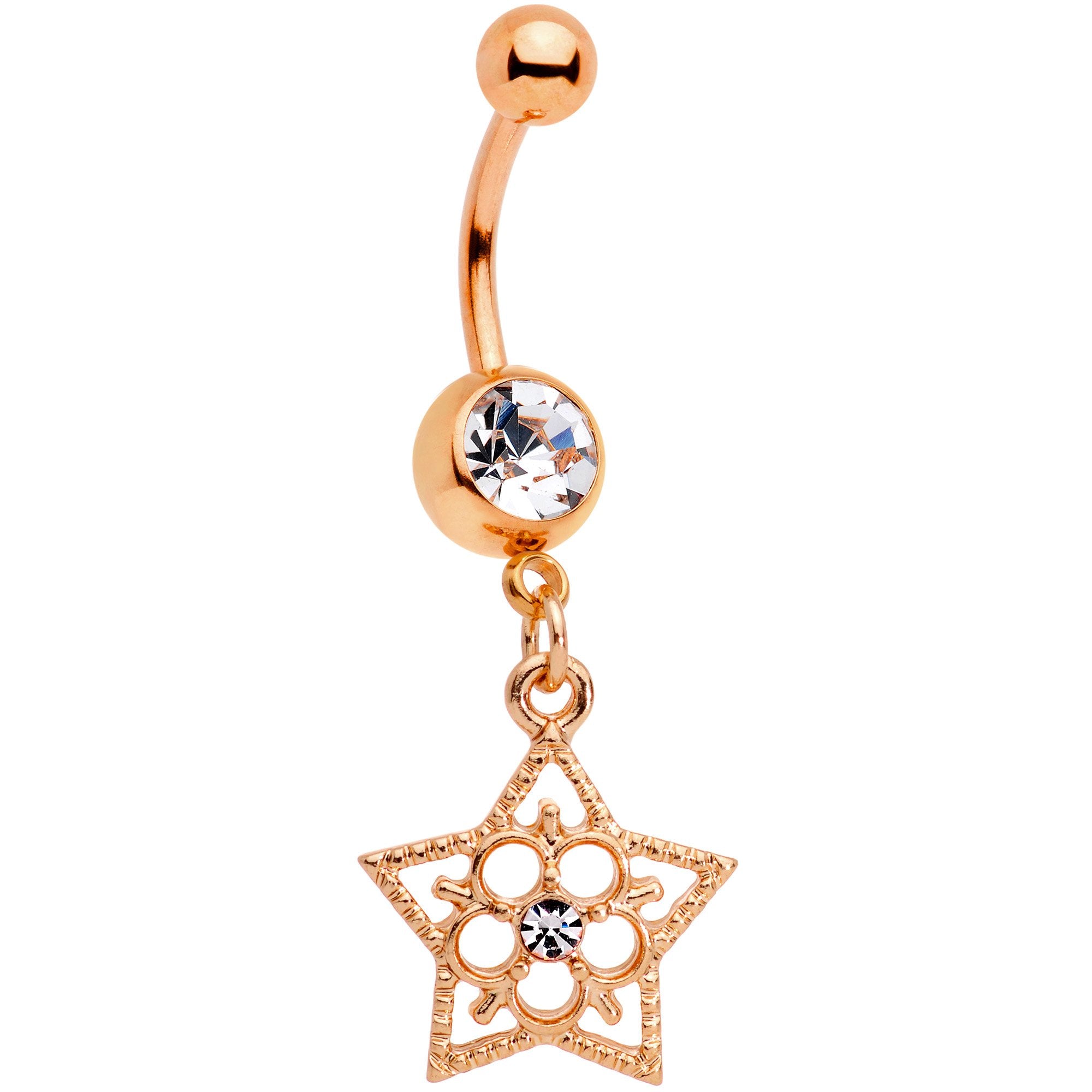 Clear Gem Rose Gold Tone Star and Snow Flower Dangle Belly Ring