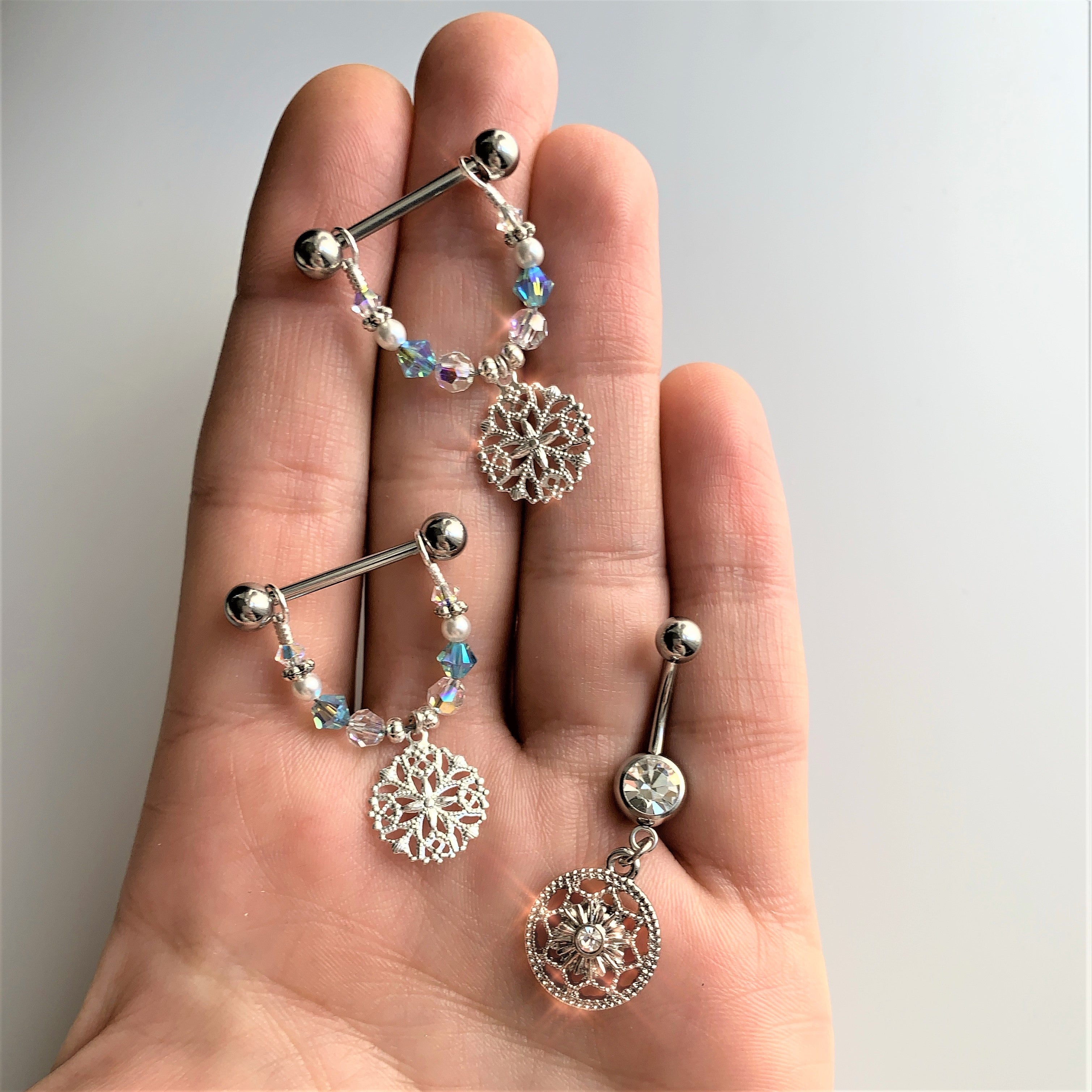 Clear Gem Ring Around a Snowflake Dangle Belly Ring