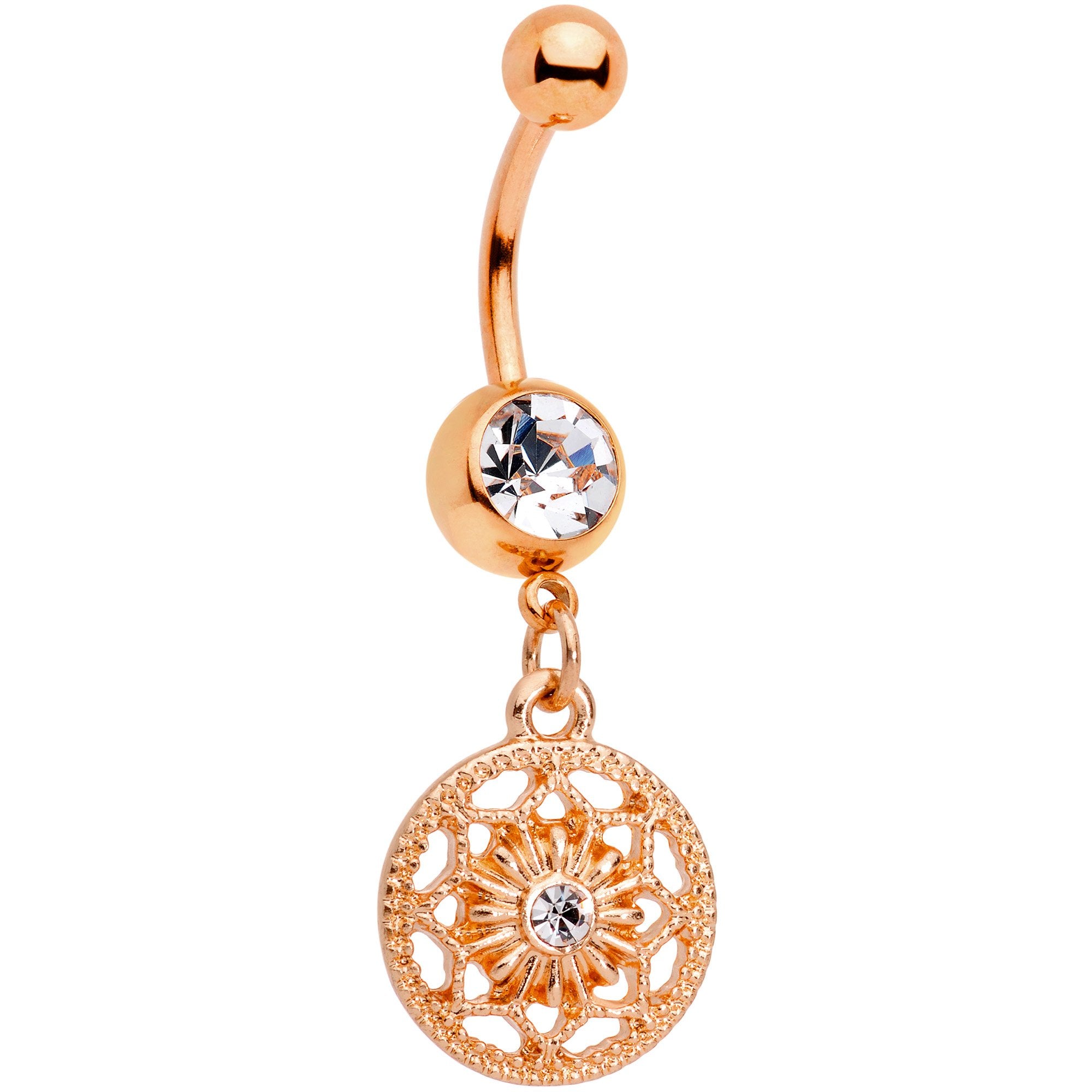 Color Gem Rose Gold Tone Ring Around a Snowflake Dangle Belly Ring