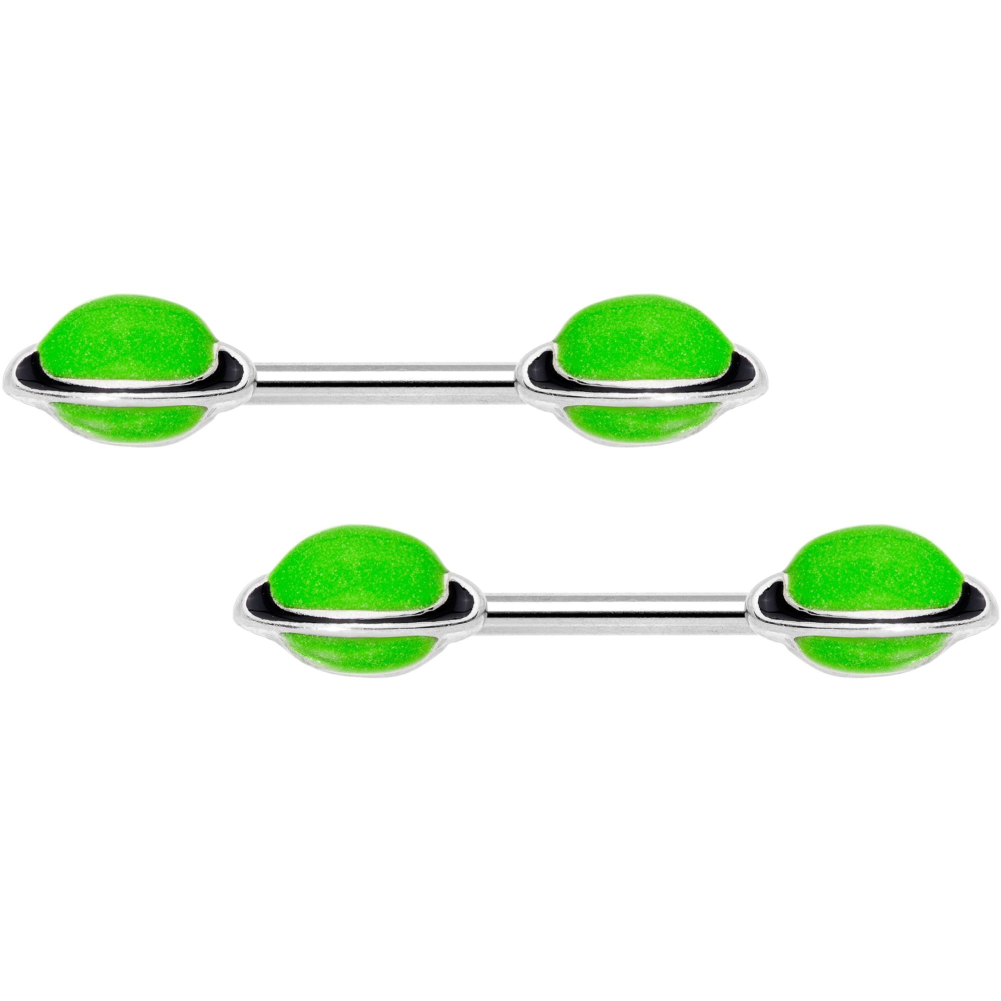 14 Gauge 9/16 Green Glow in the Dark Saturn Barbell Nipple Ring Set