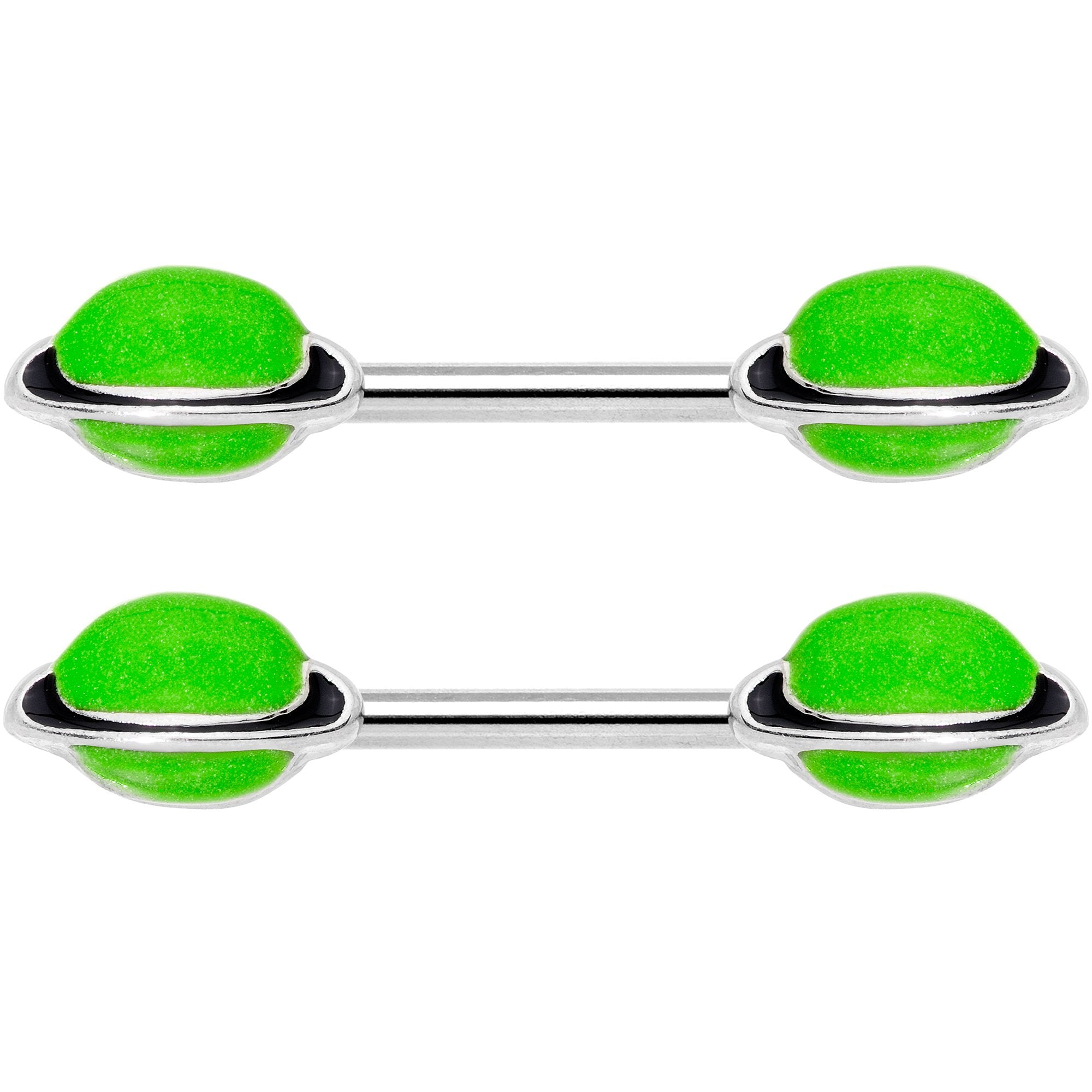 14 Gauge 9/16 Green Glow in the Dark Saturn Barbell Nipple Ring Set