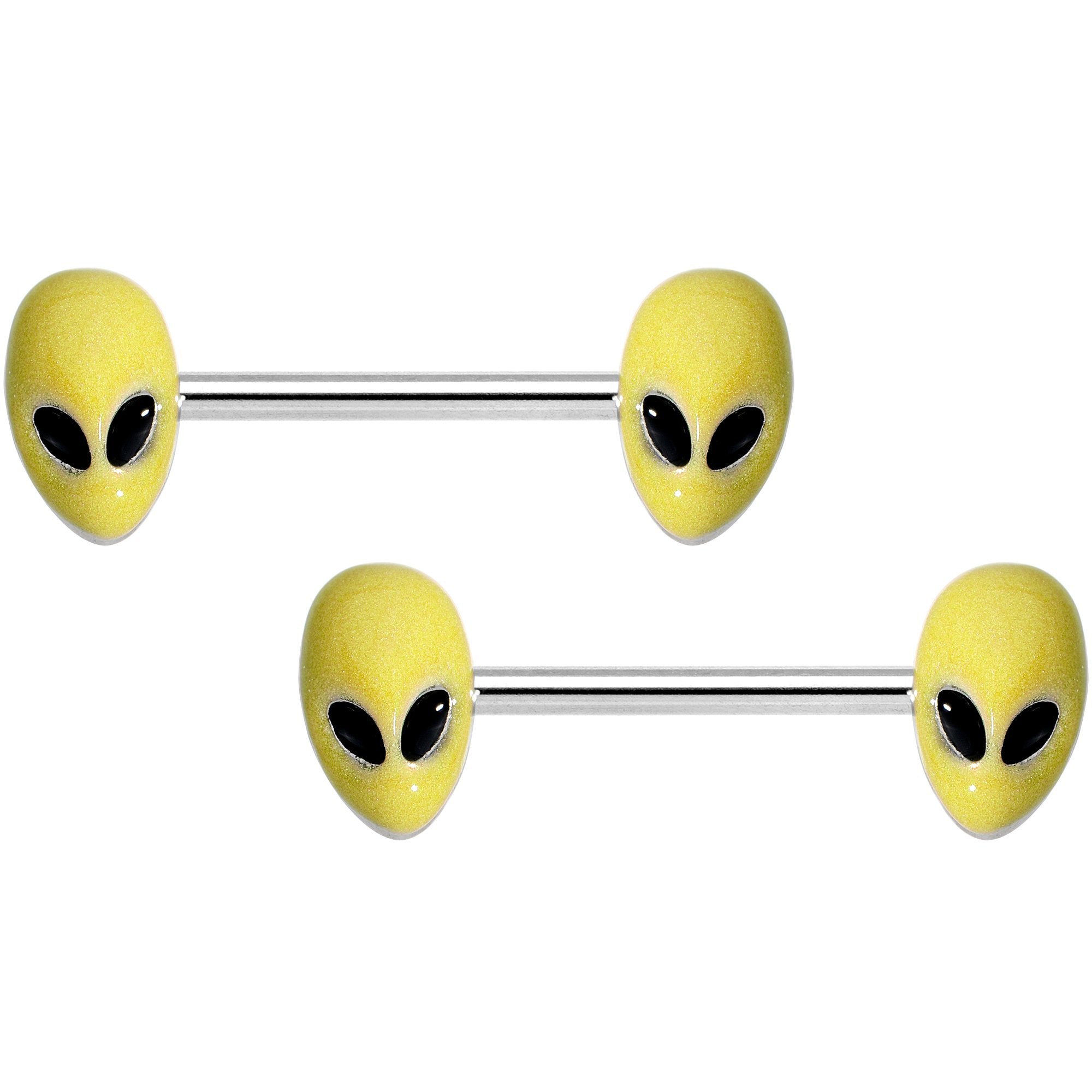 14 Gauge 9/16 Yellow Glow in the Dark Aliens Barbell Nipple Ring Set