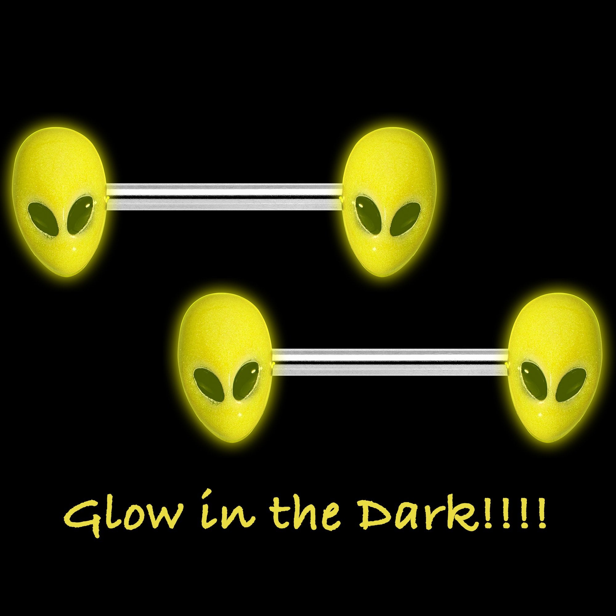 14 Gauge 9/16 Yellow Glow in the Dark Aliens Barbell Nipple Ring Set