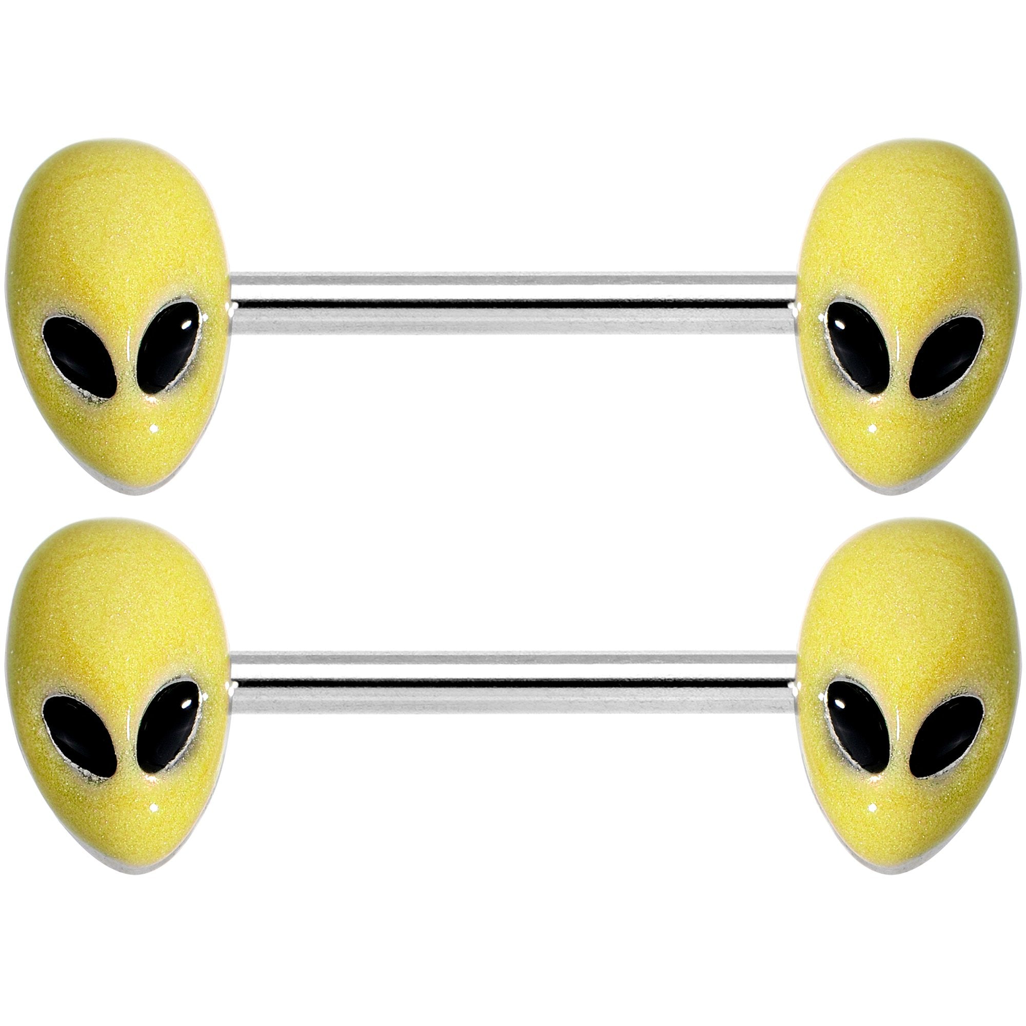 14 Gauge 9/16 Yellow Glow in the Dark Aliens Barbell Nipple Ring Set