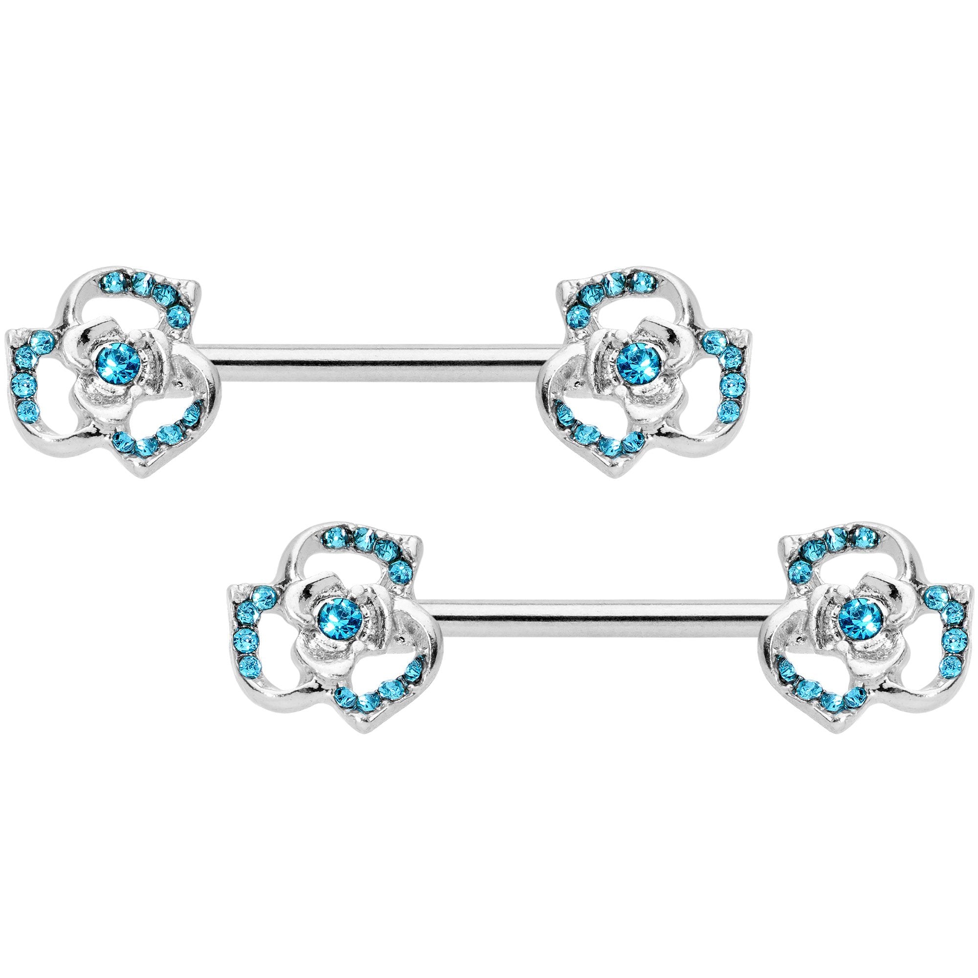 14 Gauge 9/16 Blue Gem Rose Flower Barbell Nipple Ring Set