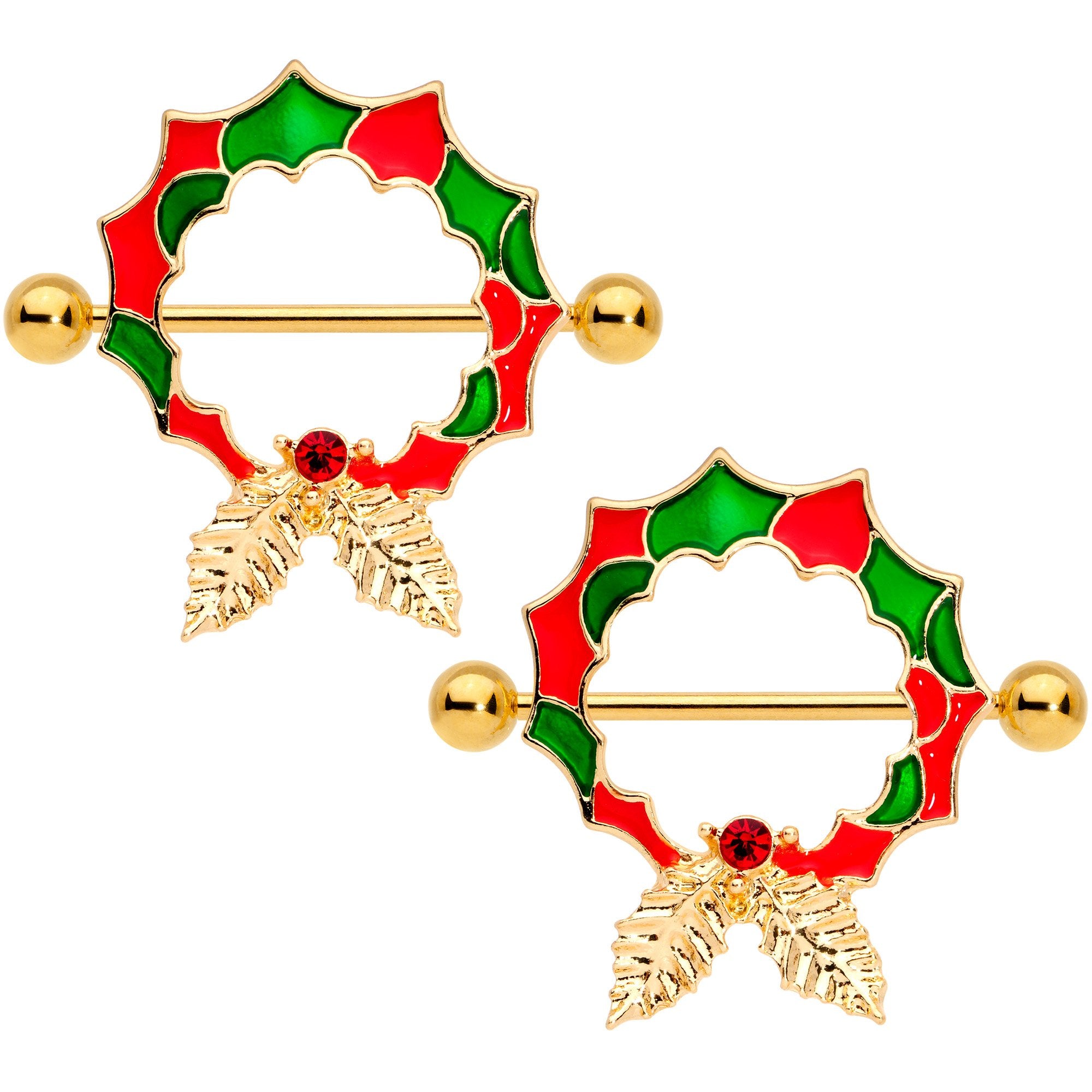 14 Gauge 25mm Red Gem Gold Tone Happy Holiday Wreath Nipple Shield Set