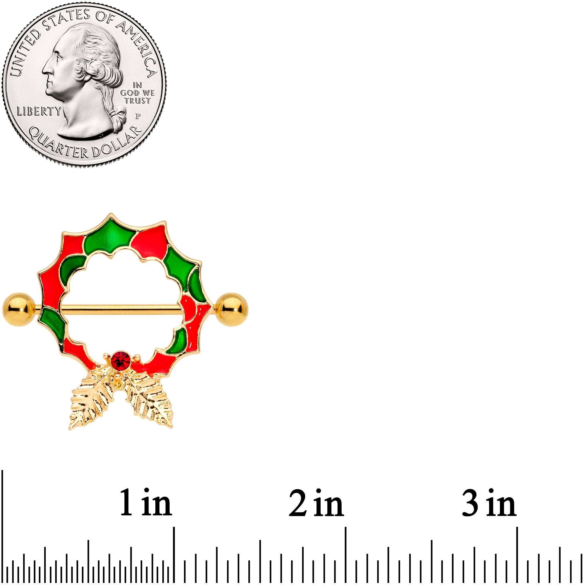 14 Gauge 25mm Red Gem Gold Tone Happy Holiday Wreath Nipple Shield Set