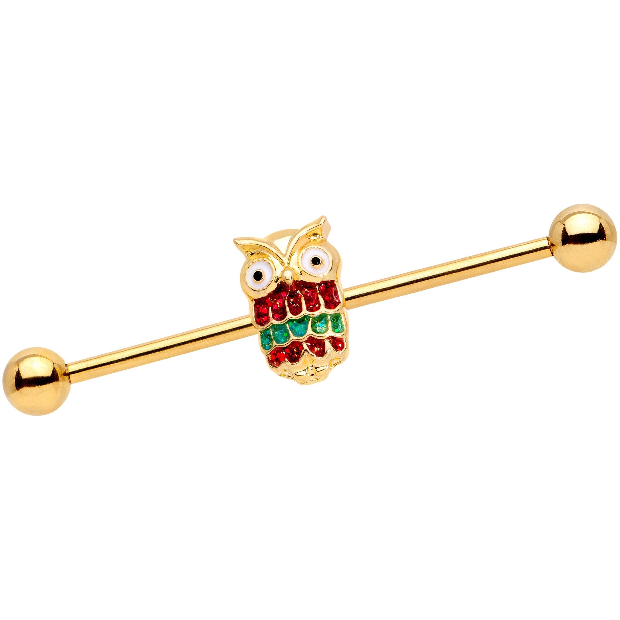 14 Gauge Gold Tone Happy Holiday Hoot Owl Industrial Barbell 38mm