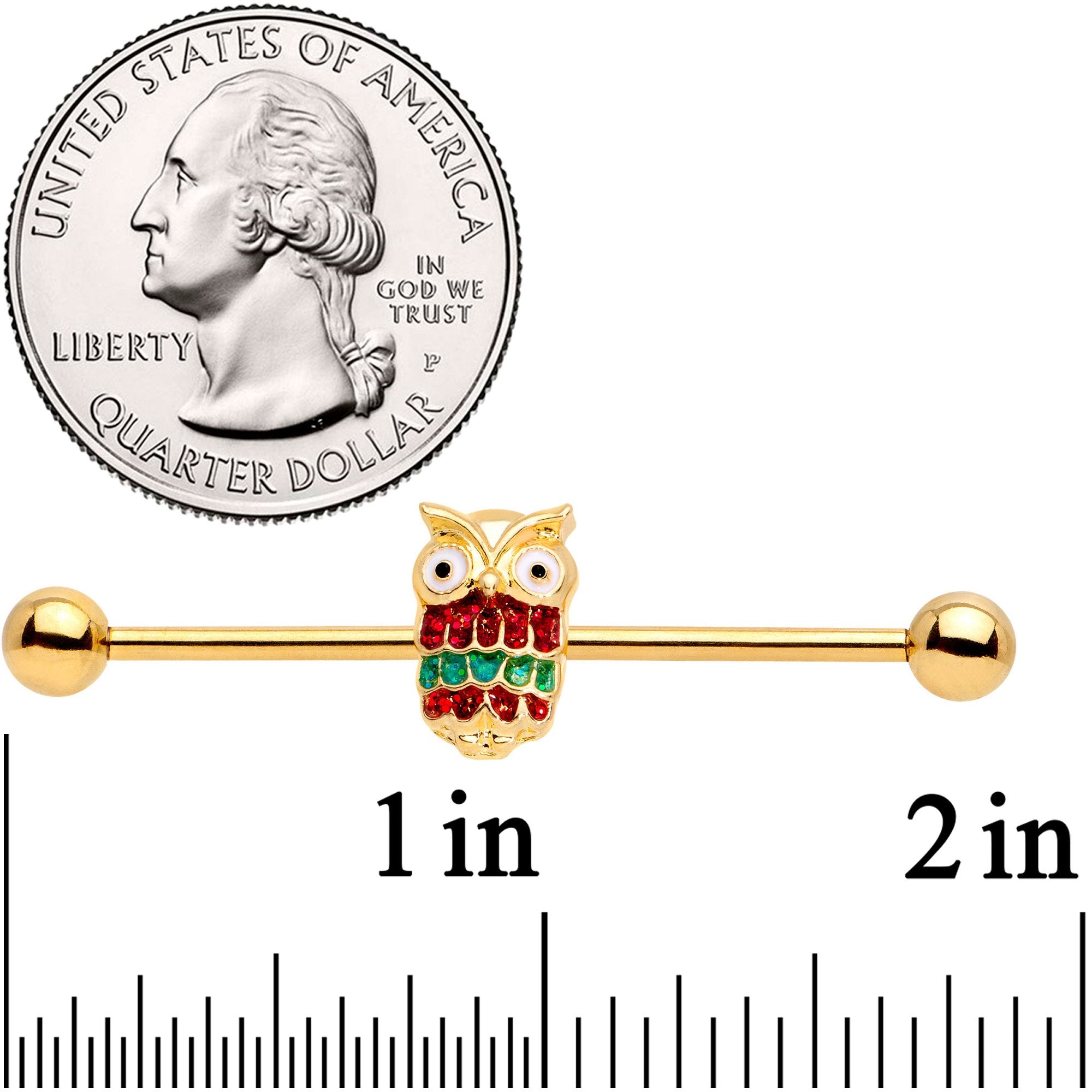 14 Gauge Gold Tone Happy Holiday Hoot Owl Industrial Barbell 38mm